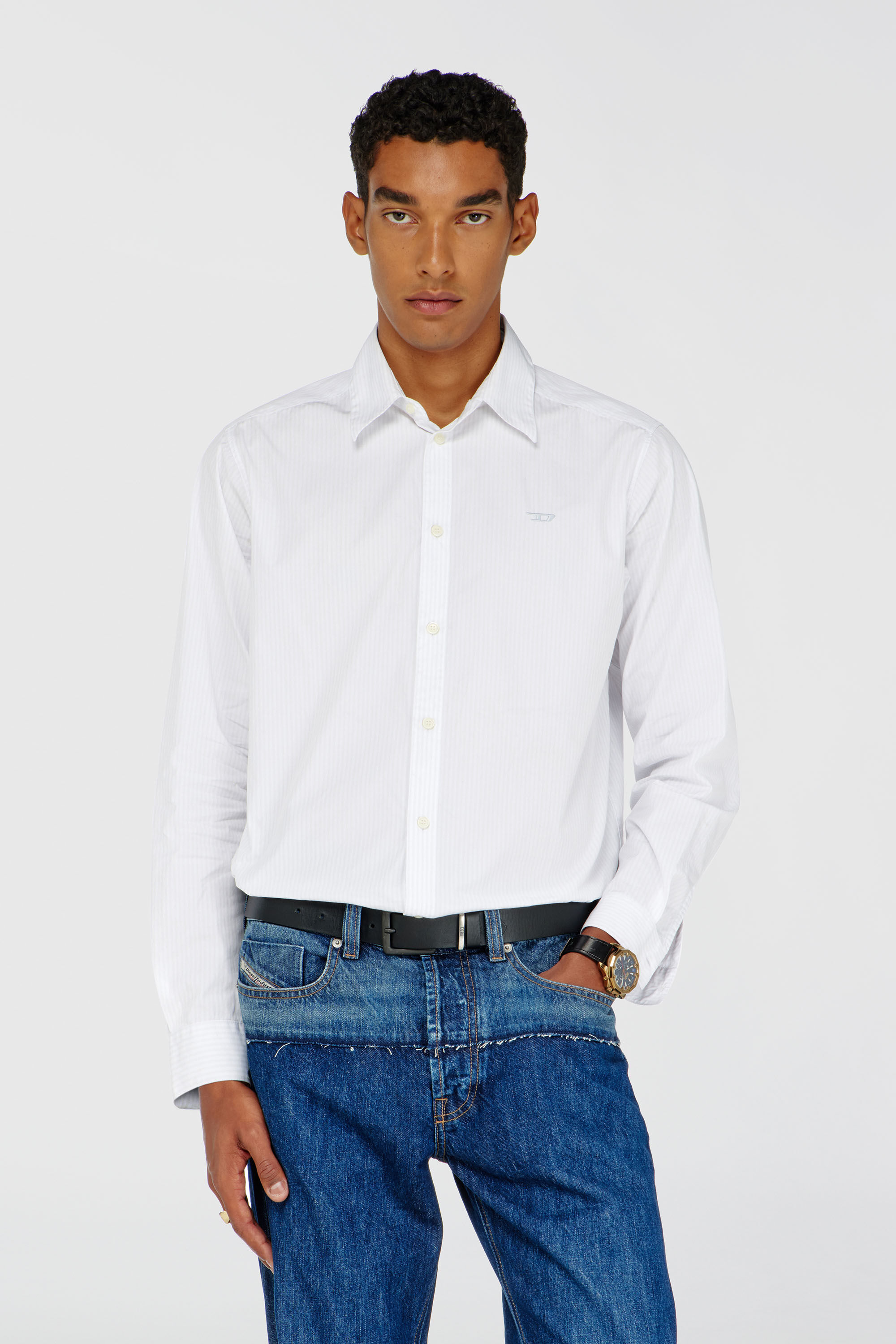 Diesel - S-SIMPLY-NA-DNAN, Chemise ray&eacute;e en coton avec broderie D Homme in Blanc - 3