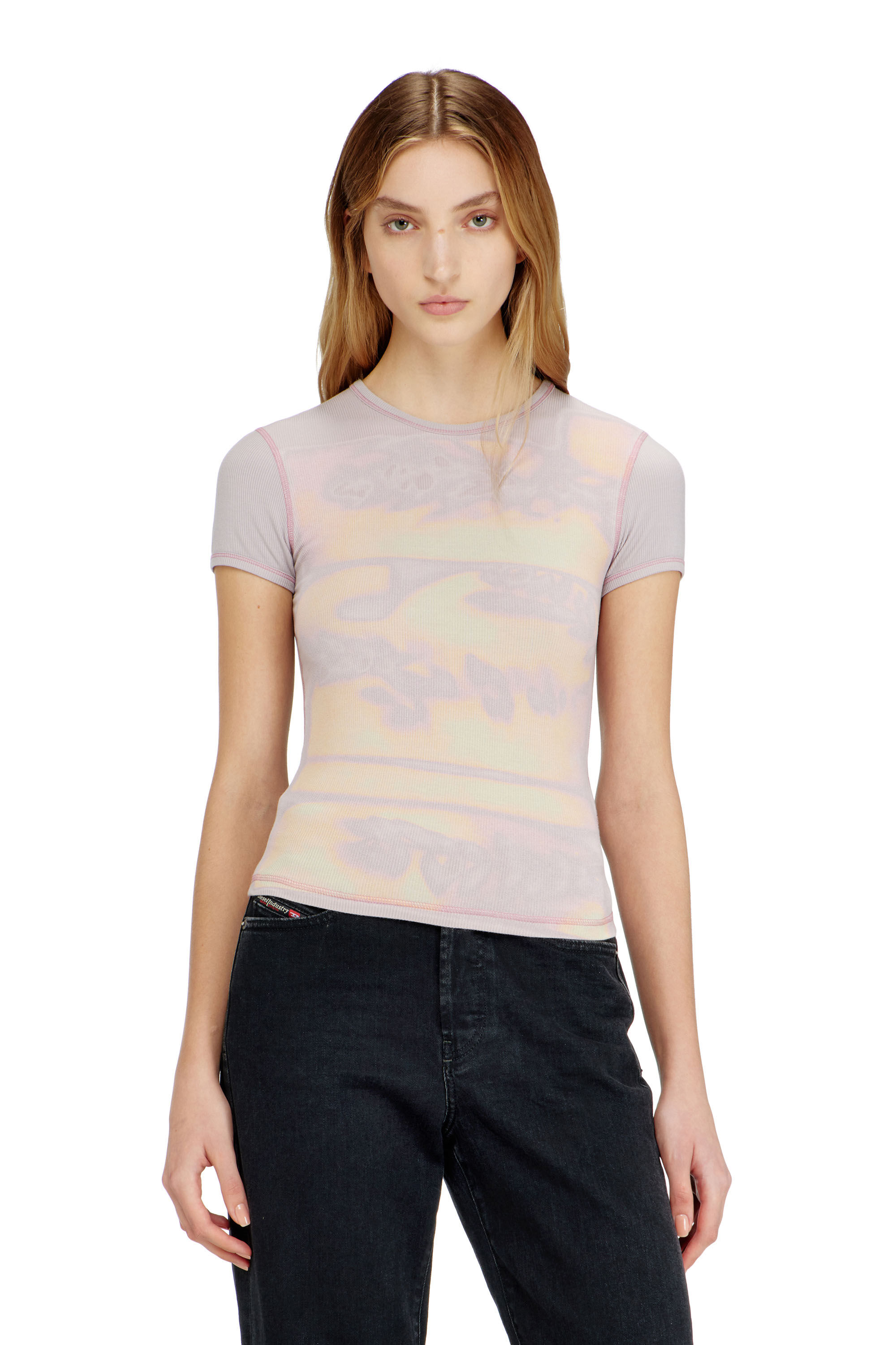 Diesel - T-ELE-LONG-AA1, Haut slim en jersey avec imprim&eacute; graphique Femme in Violet - 3