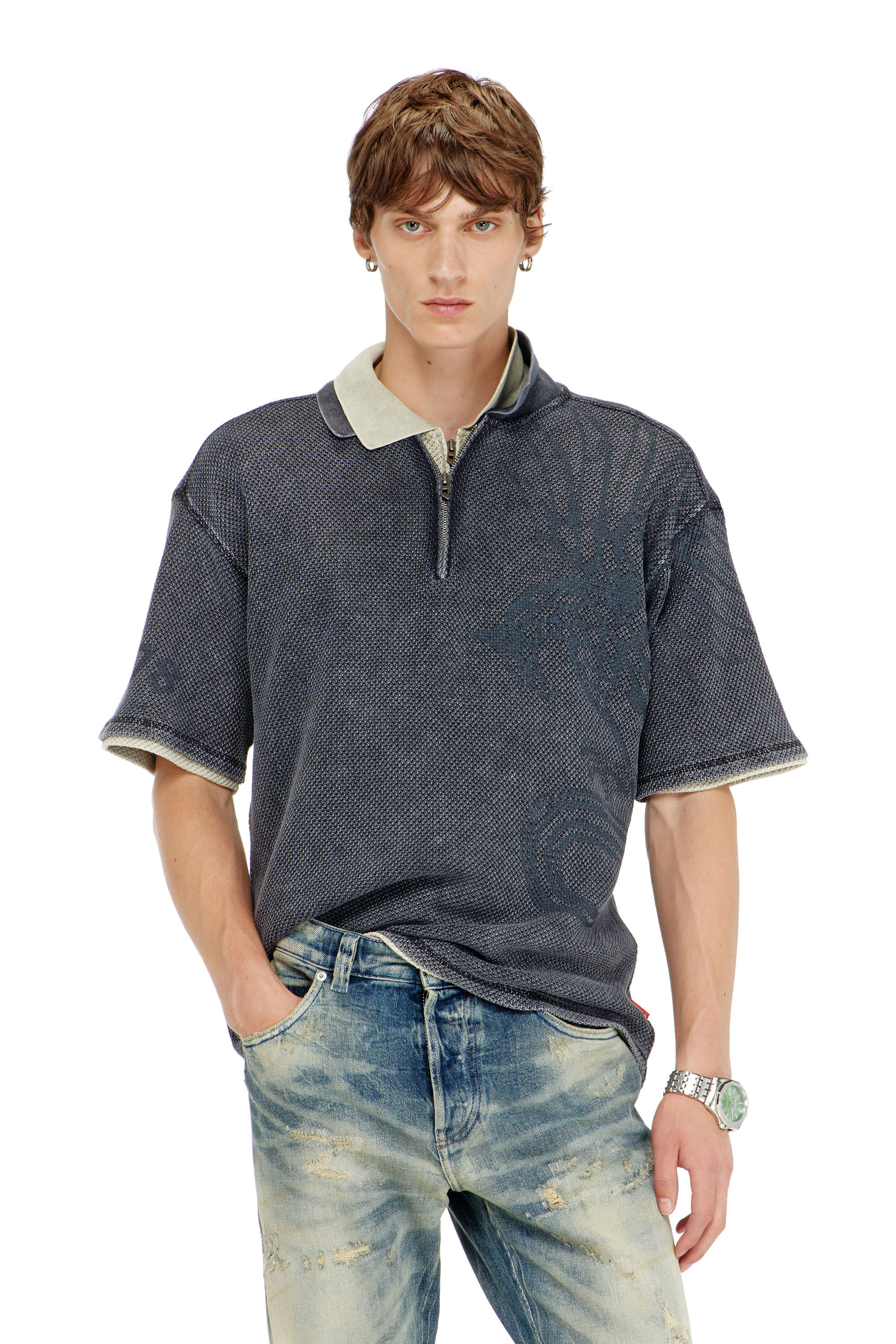 Diesel - T-ERRY-ZIP, Man's Mesh-jacquard polo shirt with Phoenix print in Dark grey - 3