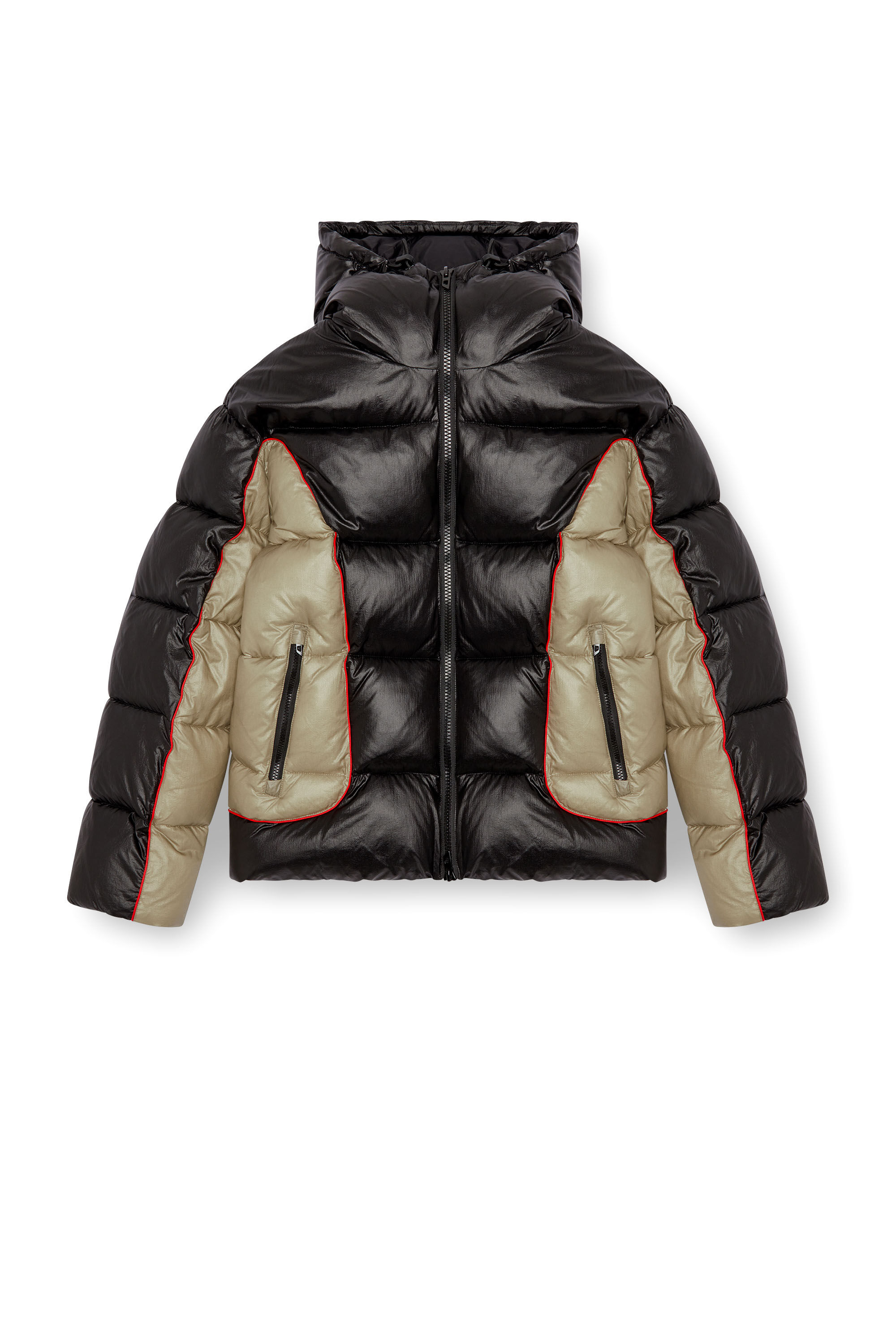 Diesel - W-OSTEND, Man's Hooded puffer jacket in shiny ripstop in Black/Beige - 2