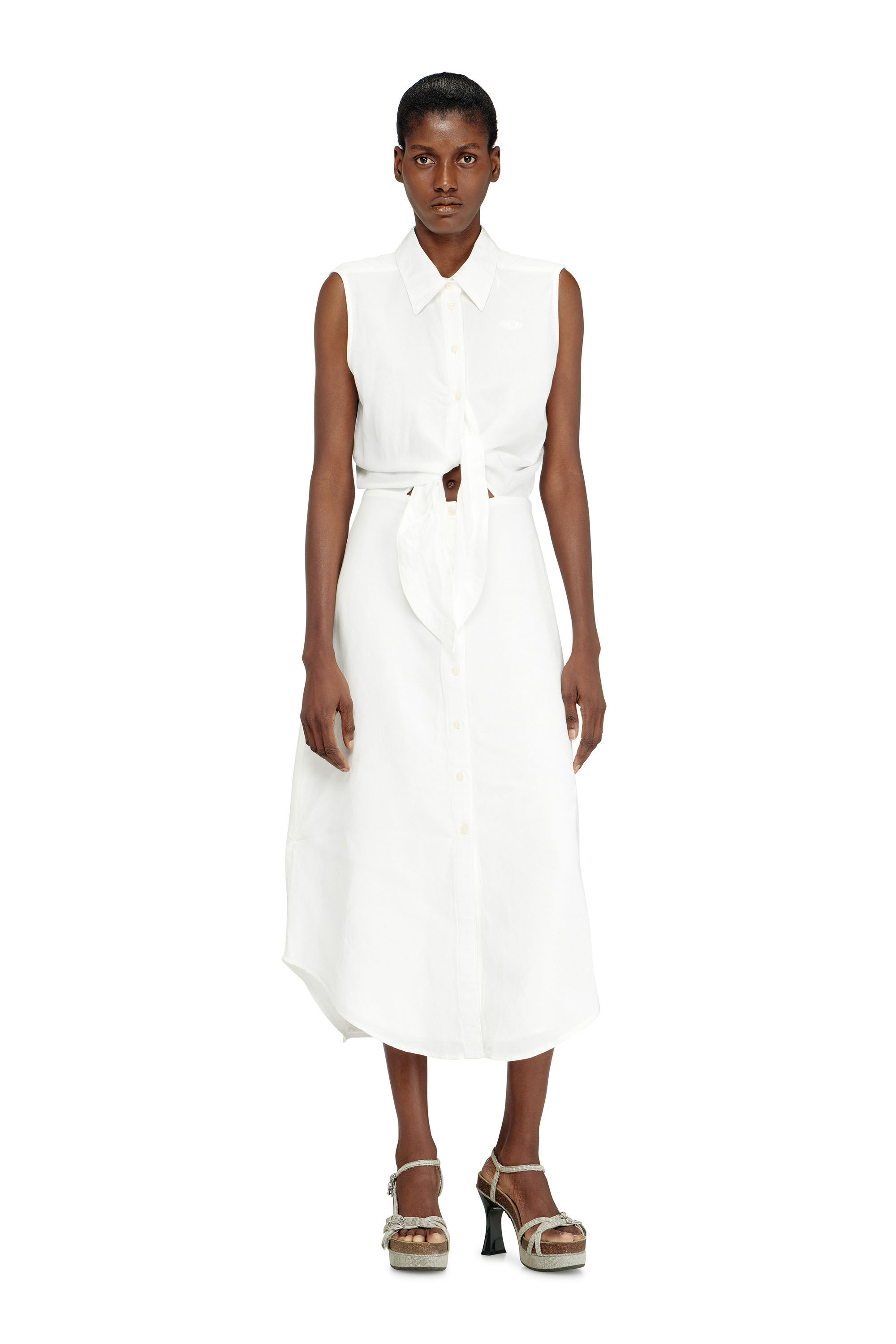 Diesel - D-ELTA-SL, Robe midi en m&eacute;lange de lin avec d&eacute;tail n&oelig;ud Femme in Blanc - 3