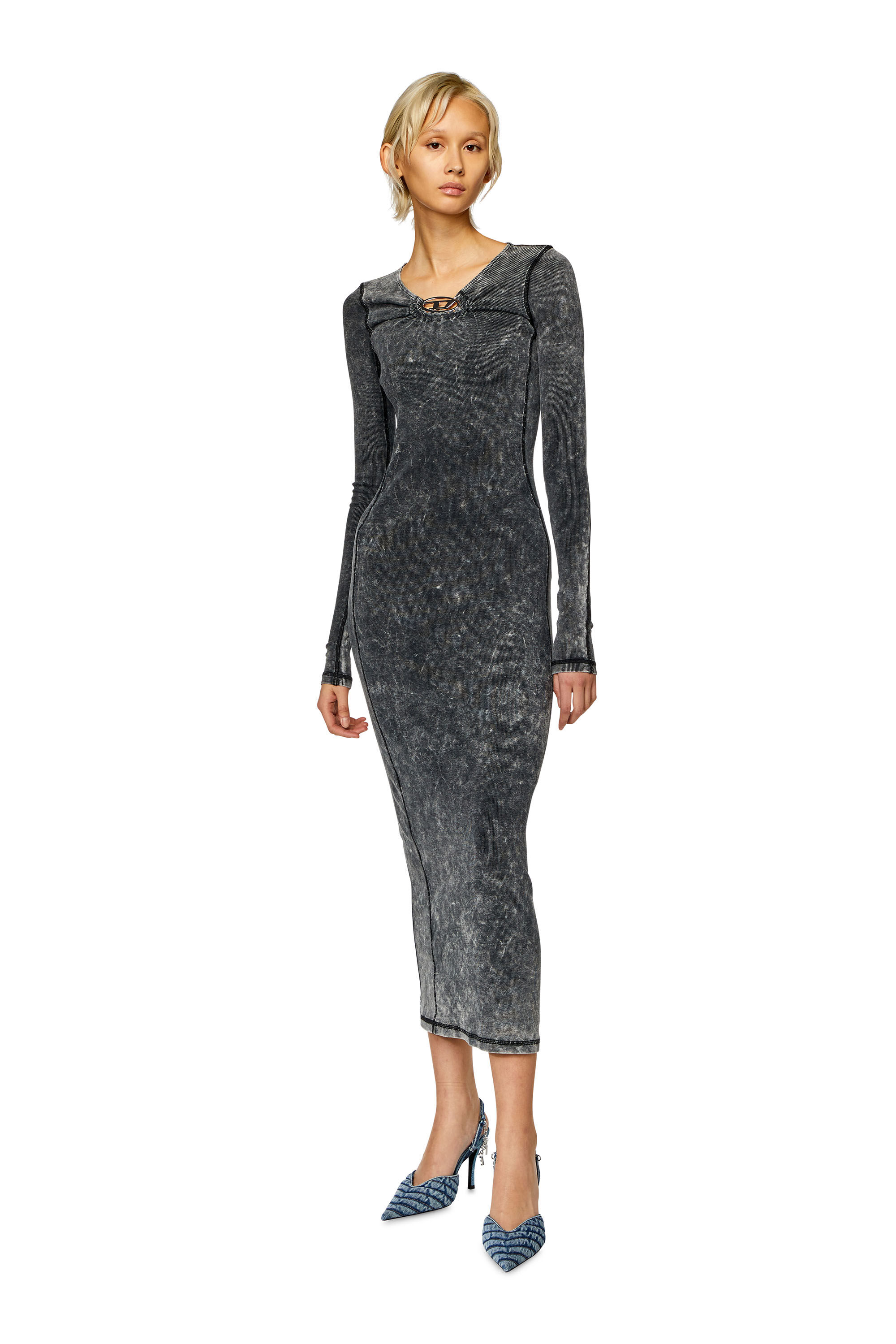 Robe midi cotelee avec plaque Oval D Femme Gris Diesel