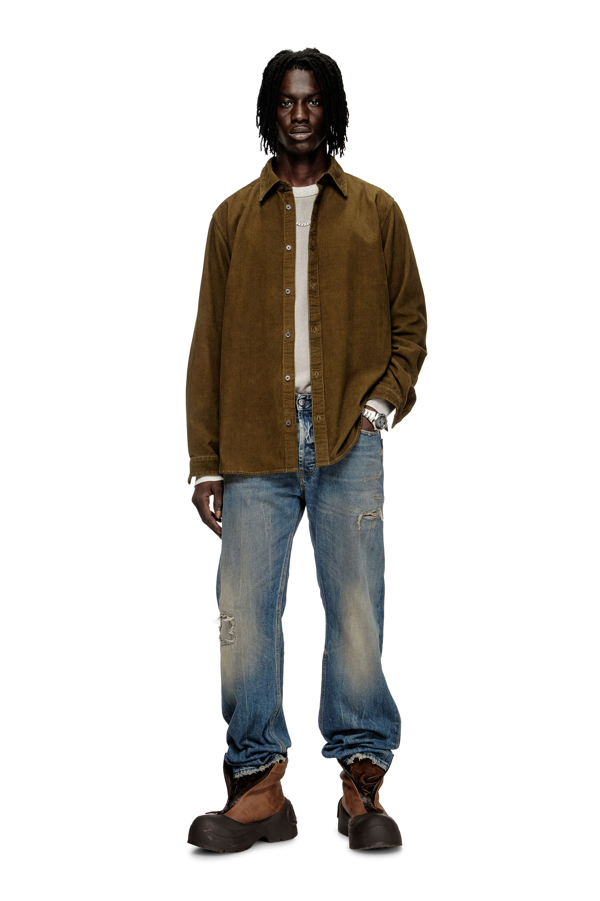 Diesel - S-SIMPLY-AJFQ, Chemise en coton avec broderie sur le col. Homme in Vert - 1