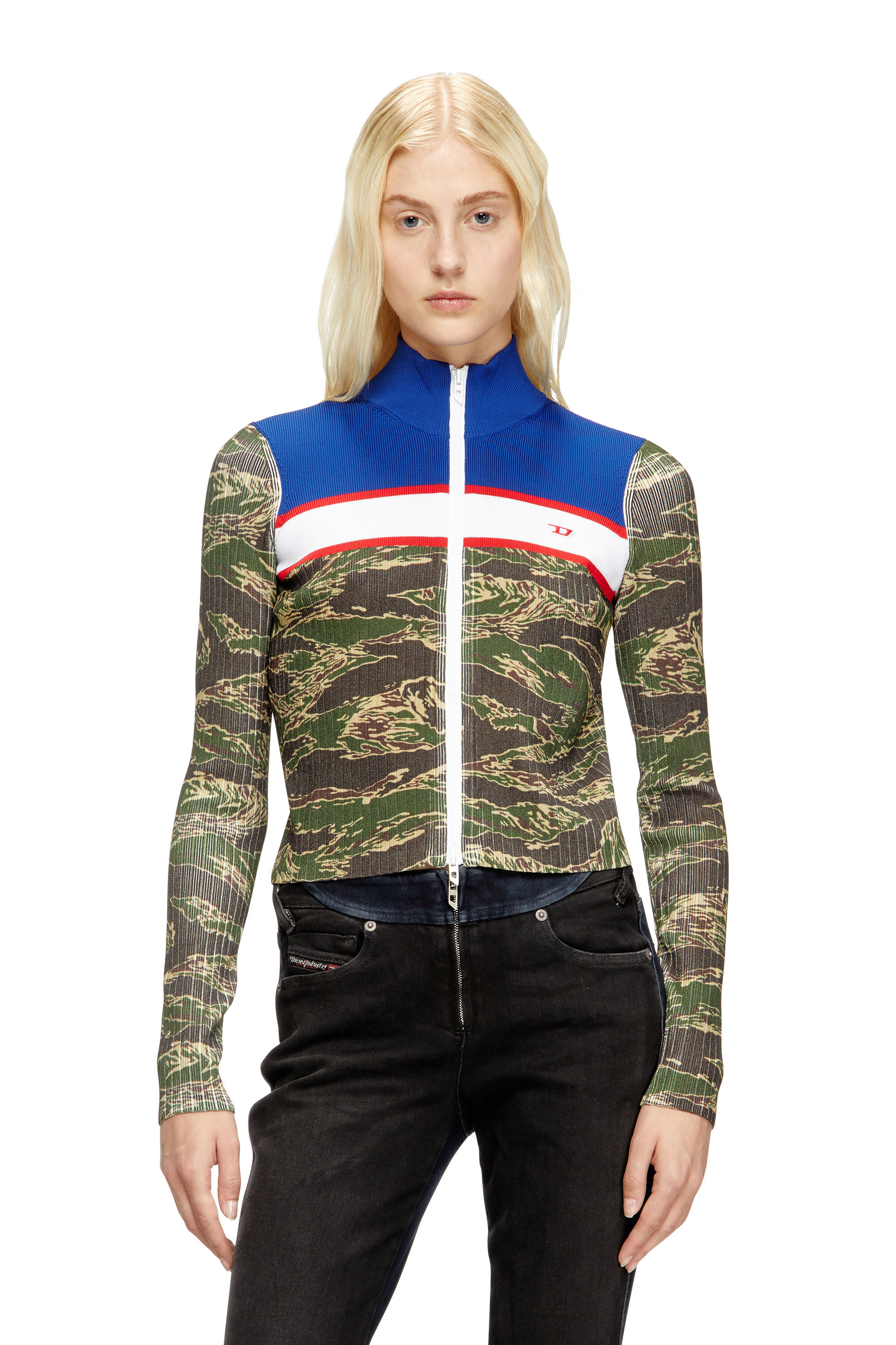 Diesel - M-CAMUT, Pull zippé camouflage en viscose côtelée Femme in Polychrome - 3