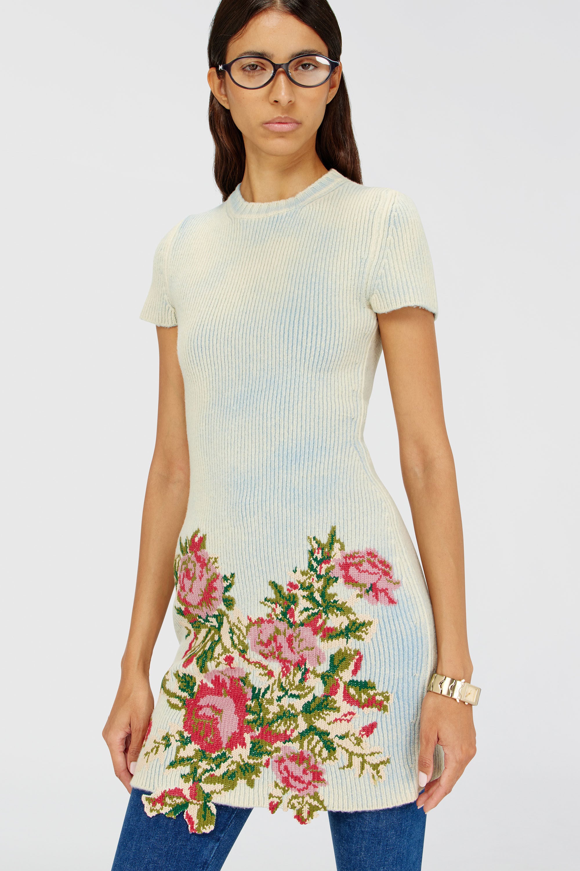 Diesel - M-RINNIE, Robe courte en maille m&eacute;lang&eacute;e laine &agrave; motif fleuri Femme in Polychrome - 5