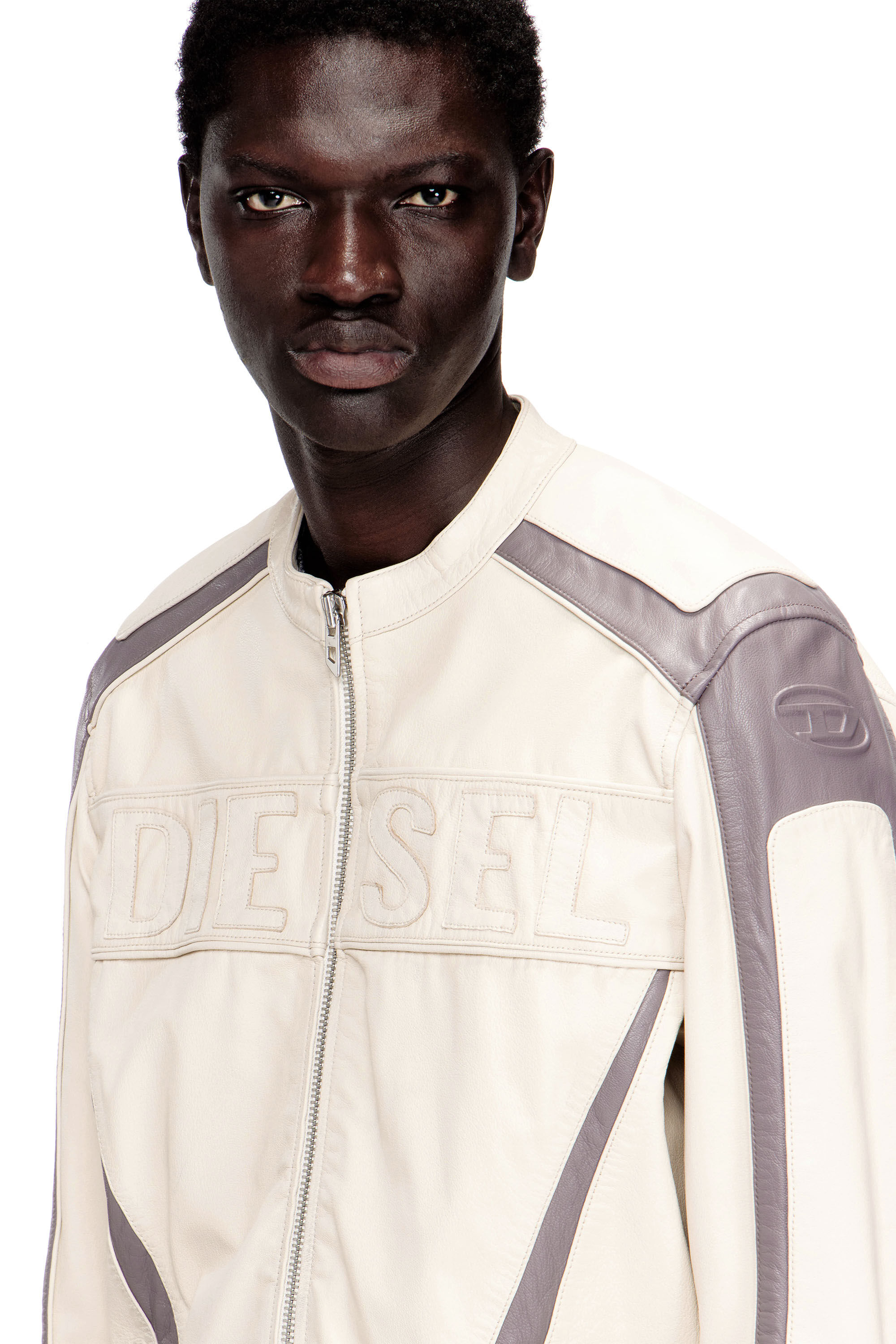 Diesel - L-ADAM, Man's Colour-block leather biker jacket in null - 5