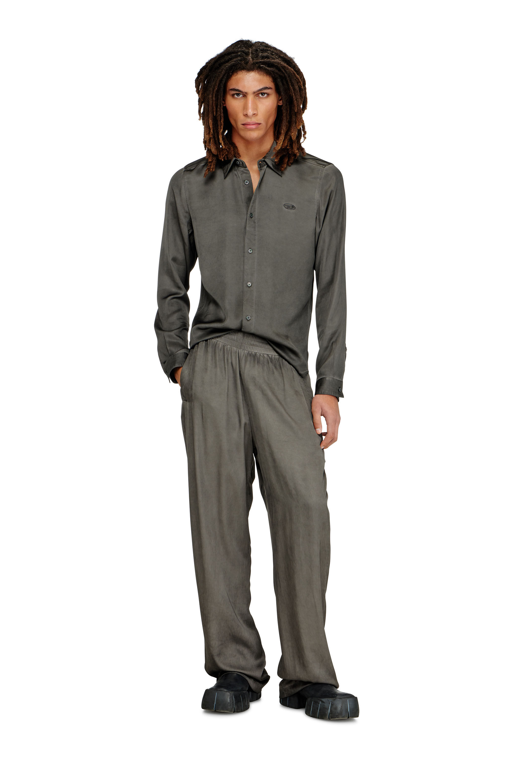 Diesel - S-KINNY-ALBG, Man's Shirt in treated fluid viscose in Dark grey - 1