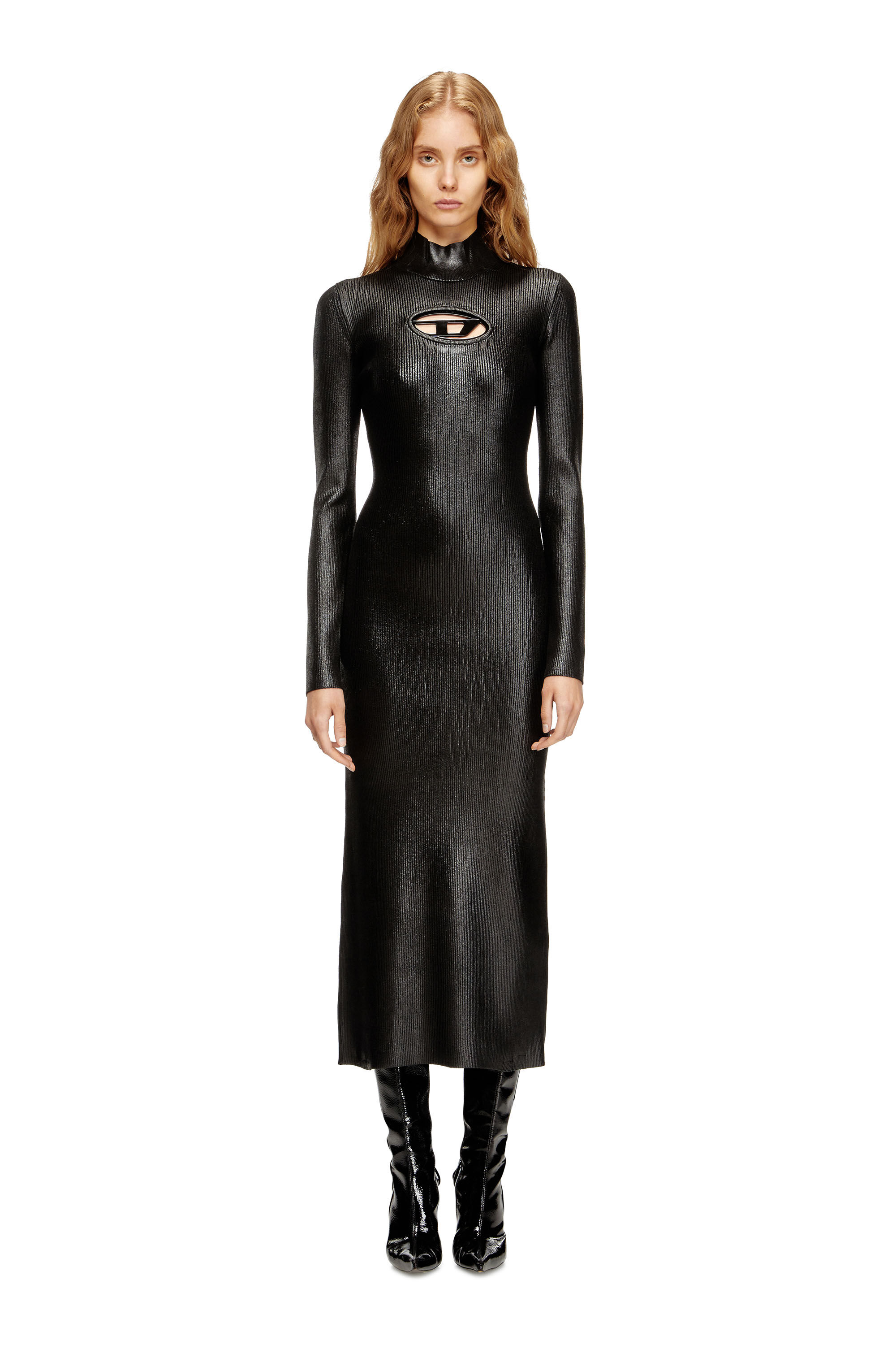 Diesel - M-ZARY-B, Robe midi à col roulé en maille brillante Femme in Noir - 3
