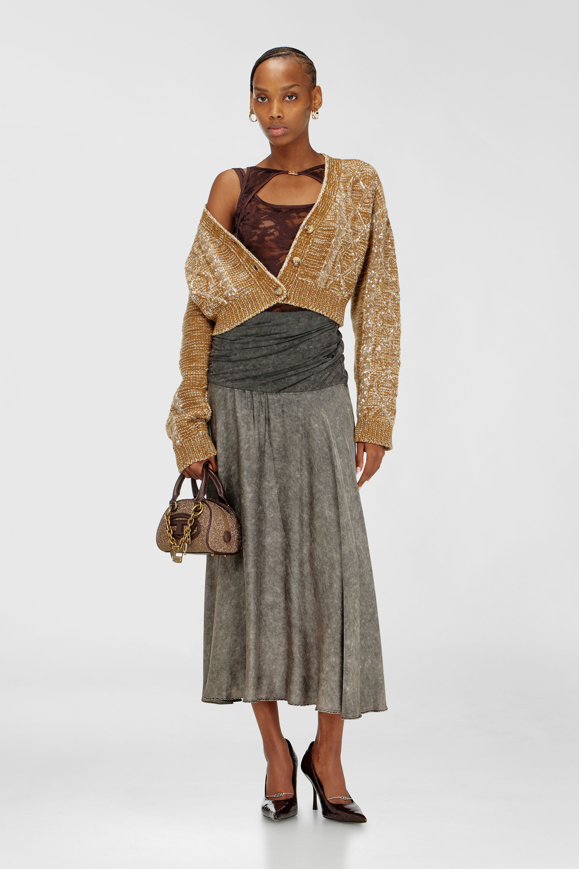 Diesel - O-SYA, Jupe midi avec section de taille torsad&eacute;e Femme in Gris - 1