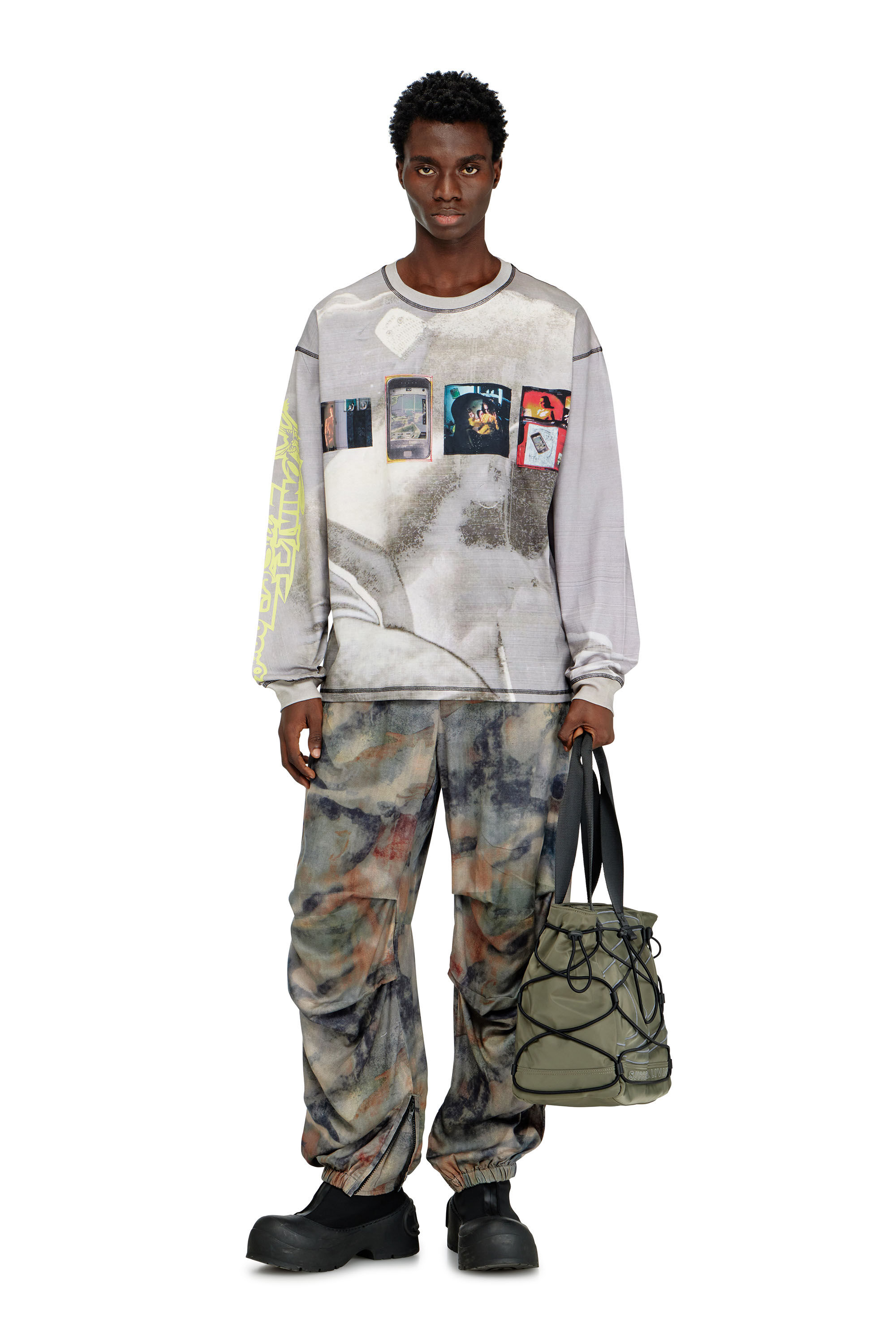 Diesel - T-BOXT-LS-V3, T-shirt &agrave; manches longues avec imprim&eacute; int&eacute;gral et empi&egrave;cements Homme in Gris - 1