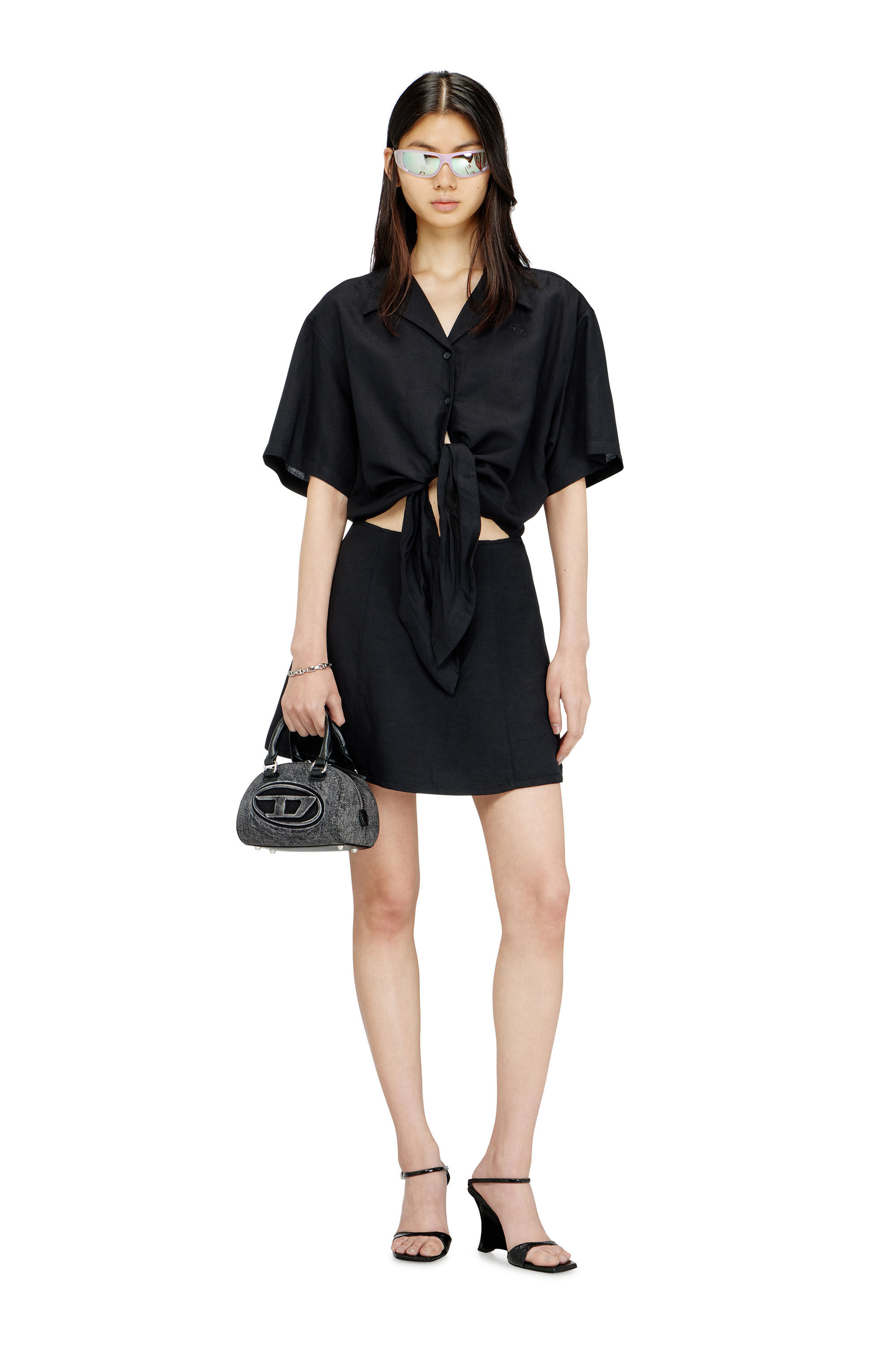 Diesel - D-STALL, Robe courte en m&eacute;lange de lin avec n&oelig;ud &agrave; la taille Femme in ToBeDefined - 1