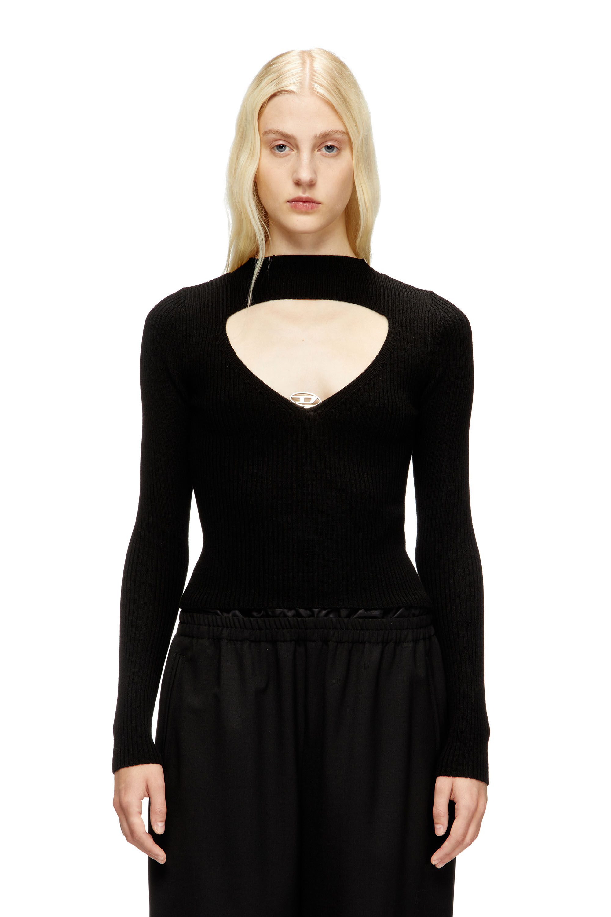 Diesel - M-OLINA, Pull côtelé en laine avec cut-out Femme in Noir - 3