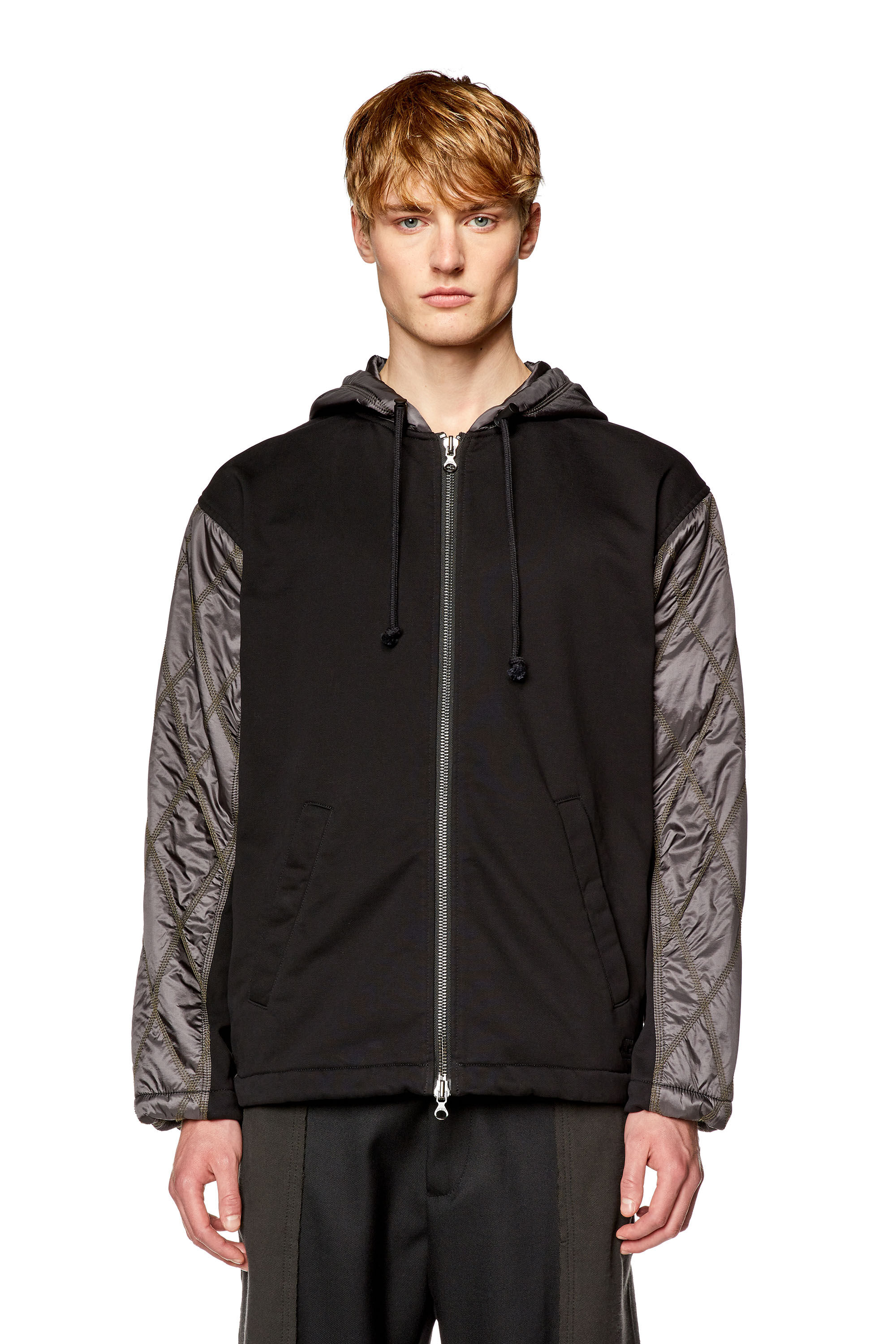 ★DIESEL★ J Rombe Zip-Up Hood Black A104970CKAM9XX A104970C Men's Hooded jacket in fleece and quilted nylon | Black | Diesel