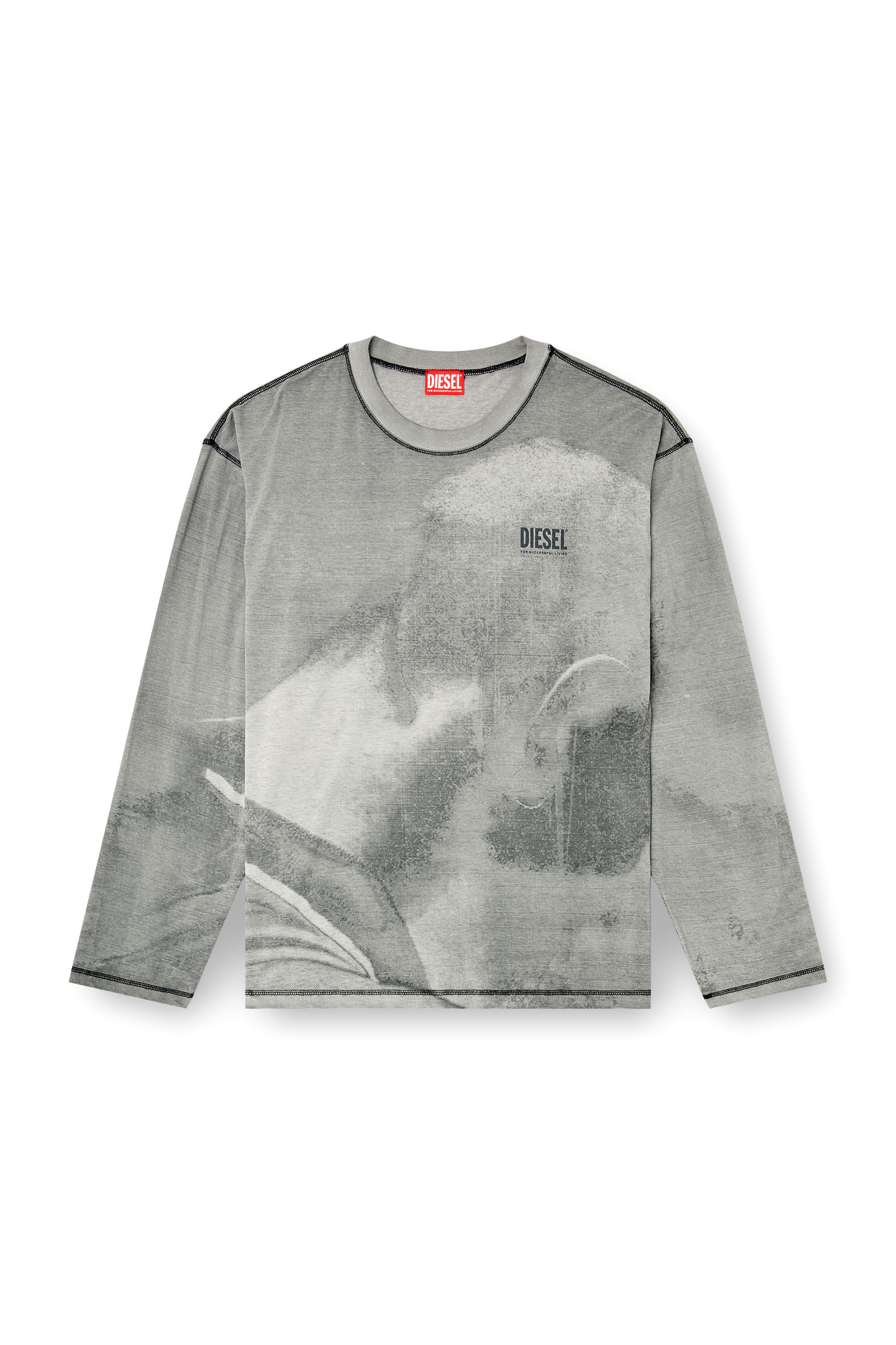 Diesel - T-BOXT-LS-NC-V1, T-shirt &agrave; manches longues avec imprim&eacute; trompe-l'&oelig;il Homme in Gris - 2