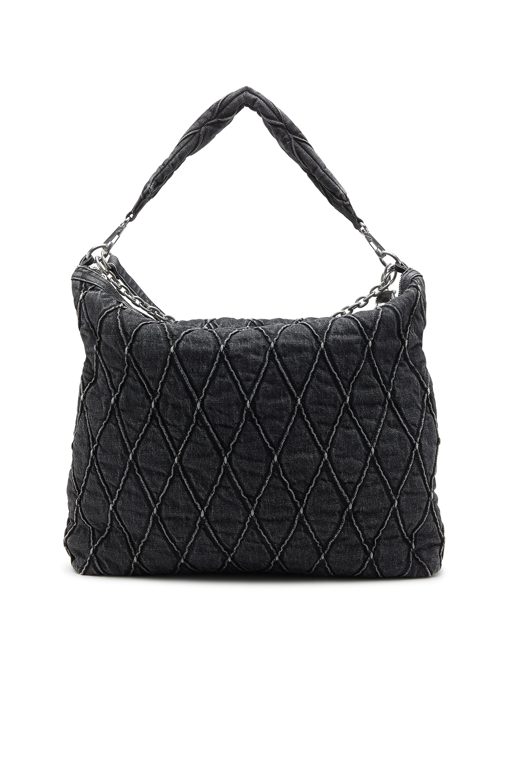 Diesel - HOSHI CHARM-D HOBO, Sac hobo en denim matelassé avec breloques sur chaîne Femme in Noir - 3