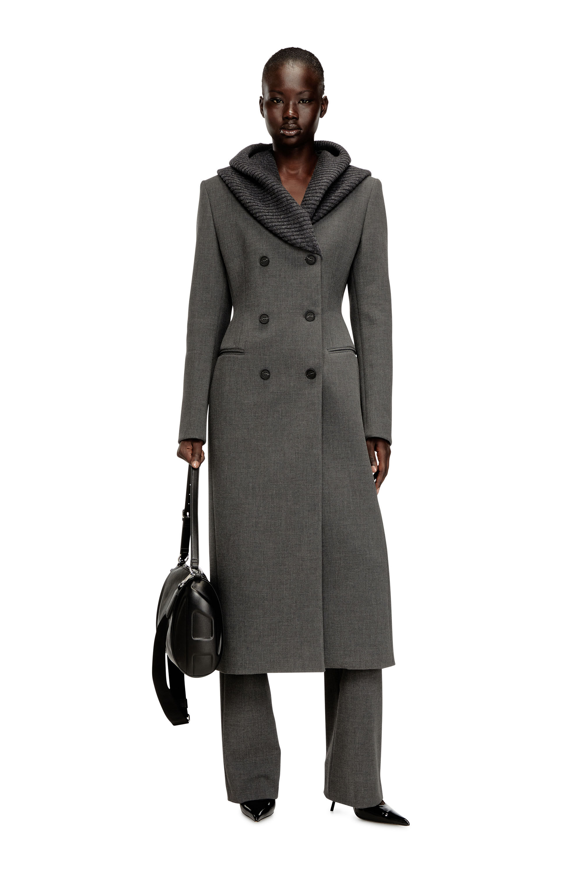 Diesel - G-OLDEN-LONG, Manteau long en sablier avec capuche snood en tricot Femme in Gris - 1