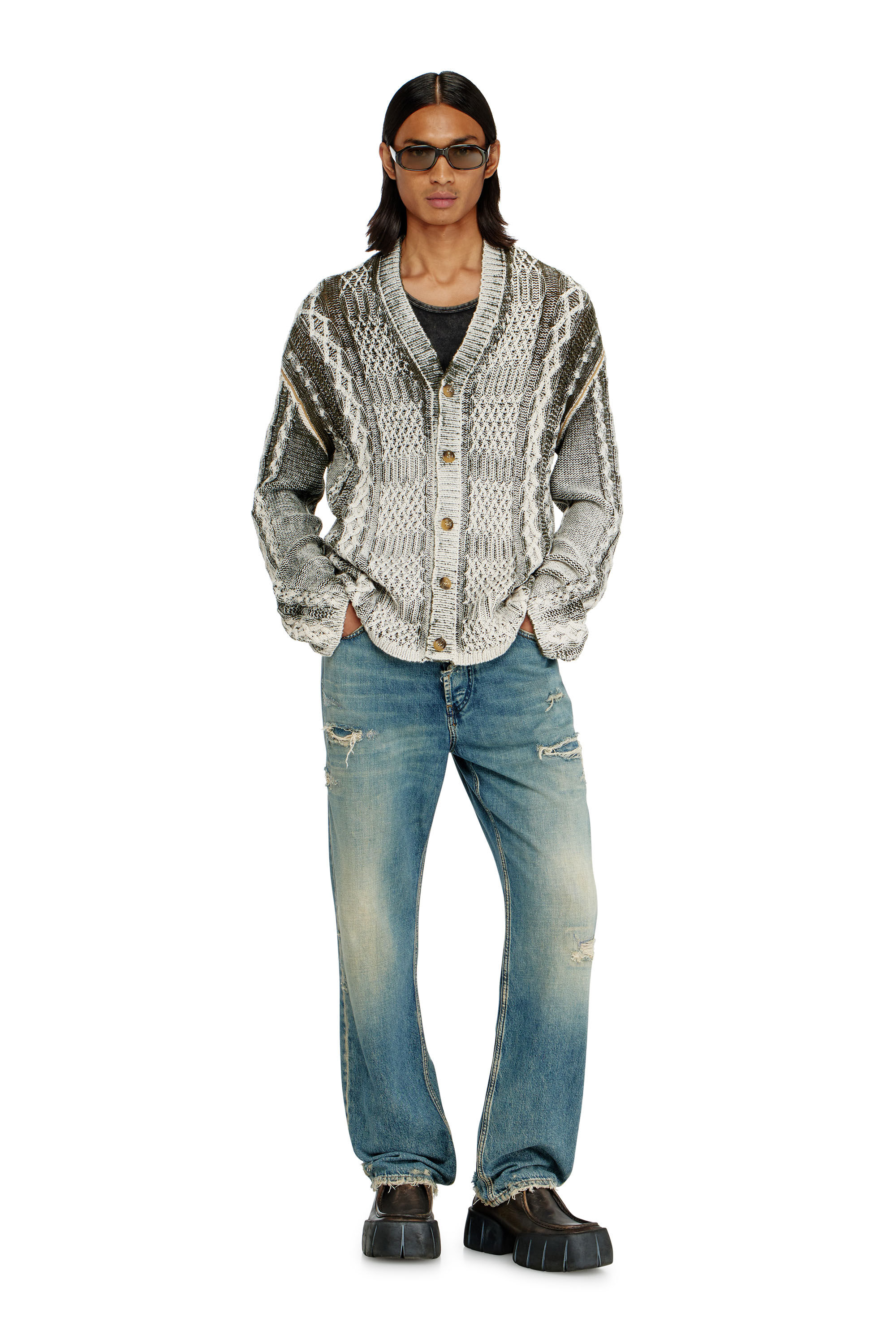 Diesel - K-MIOTO, Cardigan en maille torsad&eacute;e trait&eacute; Homme in Polychrome - 1