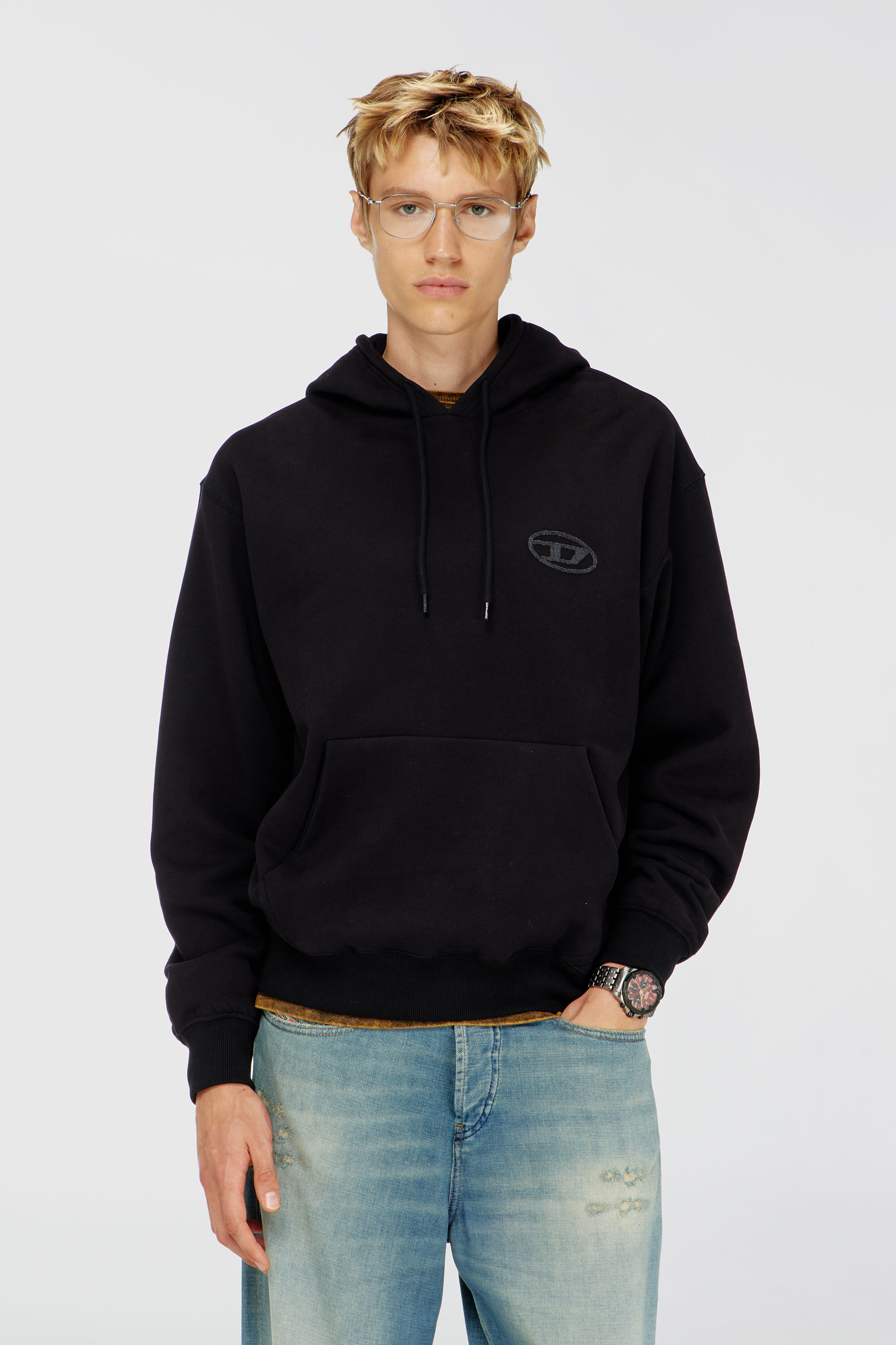 Diesel - S-LUK-H-T92, Sweat &agrave; capuche en coton avec broderie logo Oval D ton sur ton Homme in Noir - 3