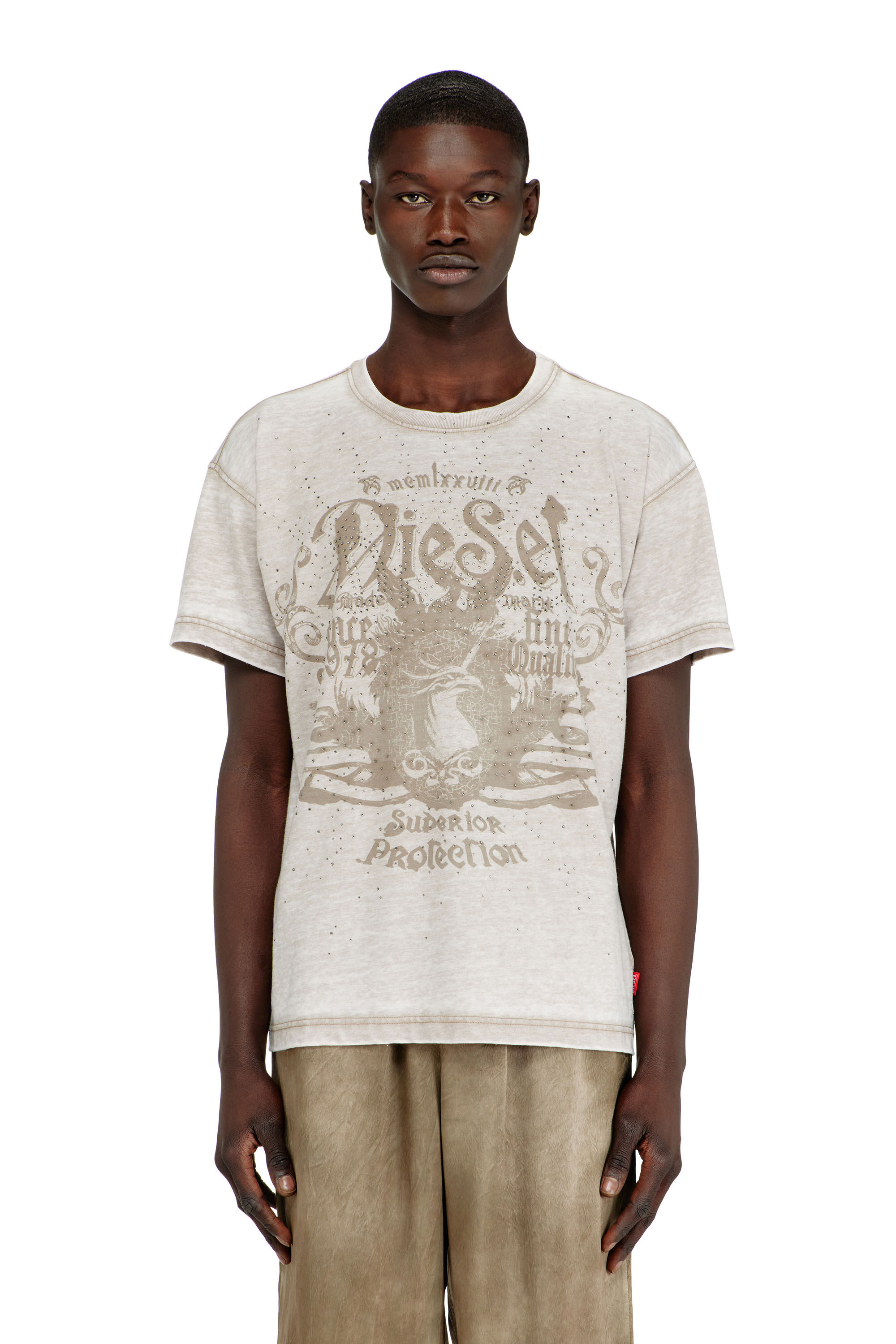 Diesel - T-NORM-AA8, Man's Jersey T-shirt with burnout wash and studs in Beige - 3