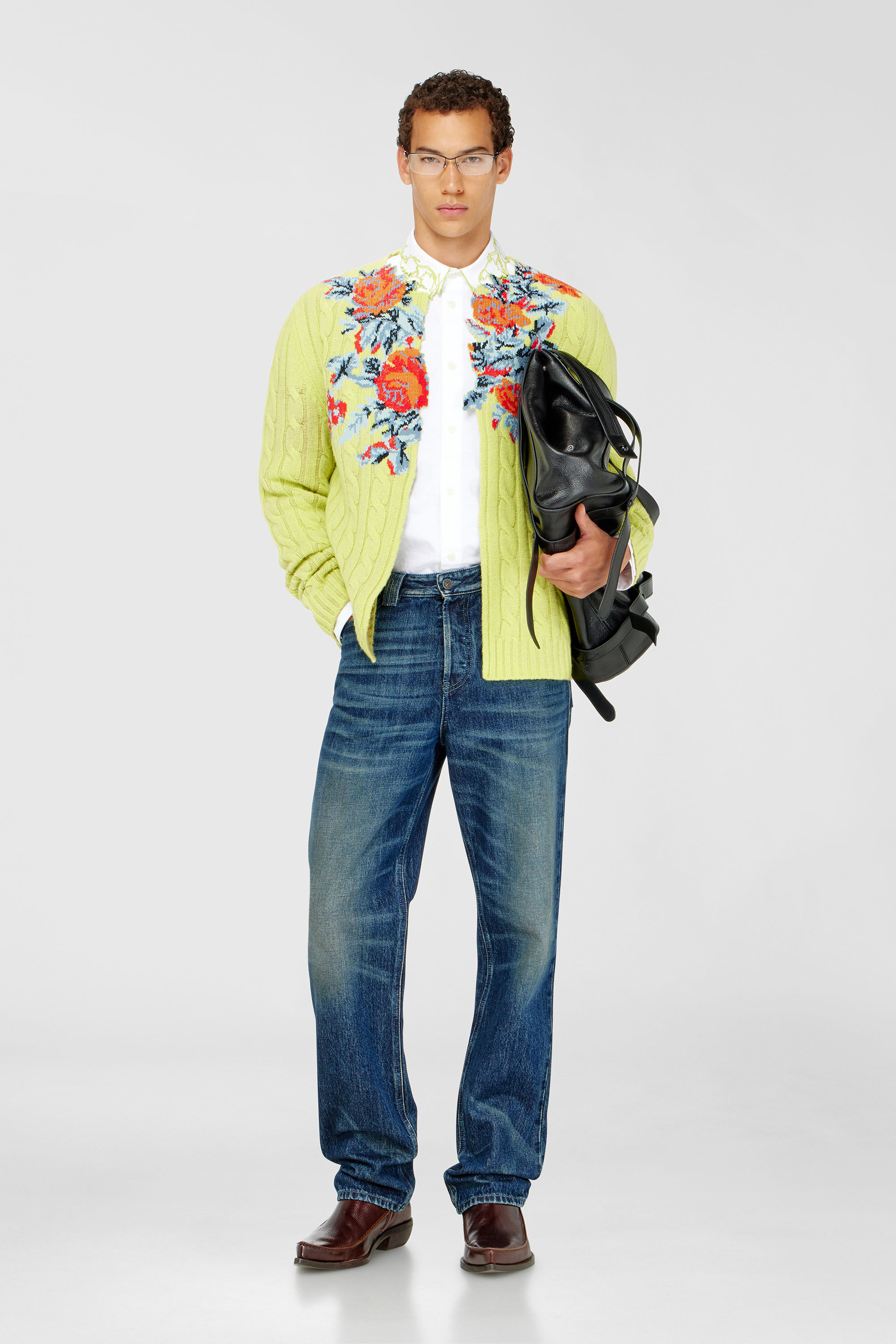 Diesel - K-RINO, Cardigan ouvert en maille torsad&eacute;e &agrave; motif floral Homme in Jaune - 1