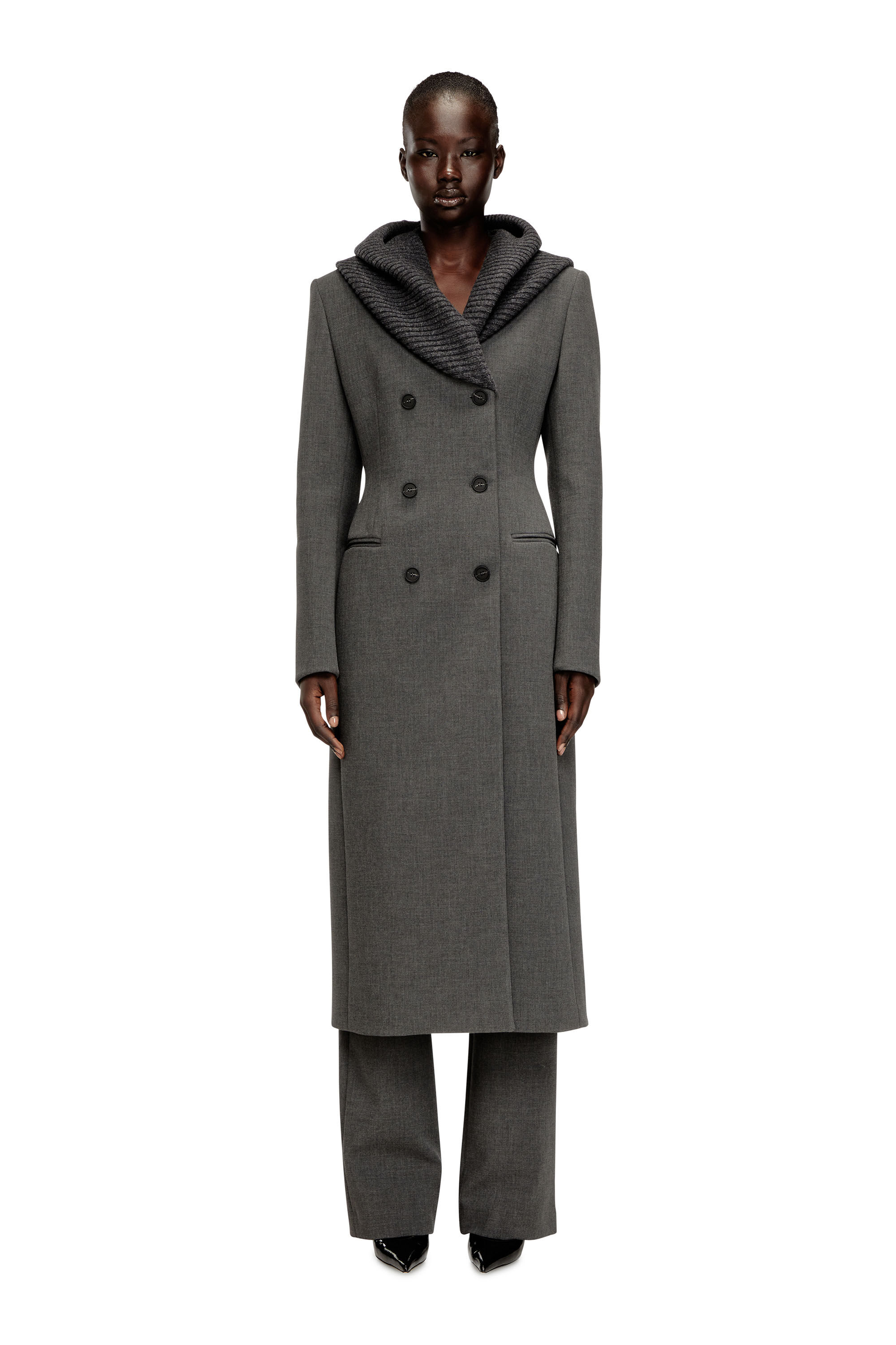 Diesel - G-OLDEN-LONG, Manteau long en sablier avec capuche snood en tricot Femme in Gris - 3