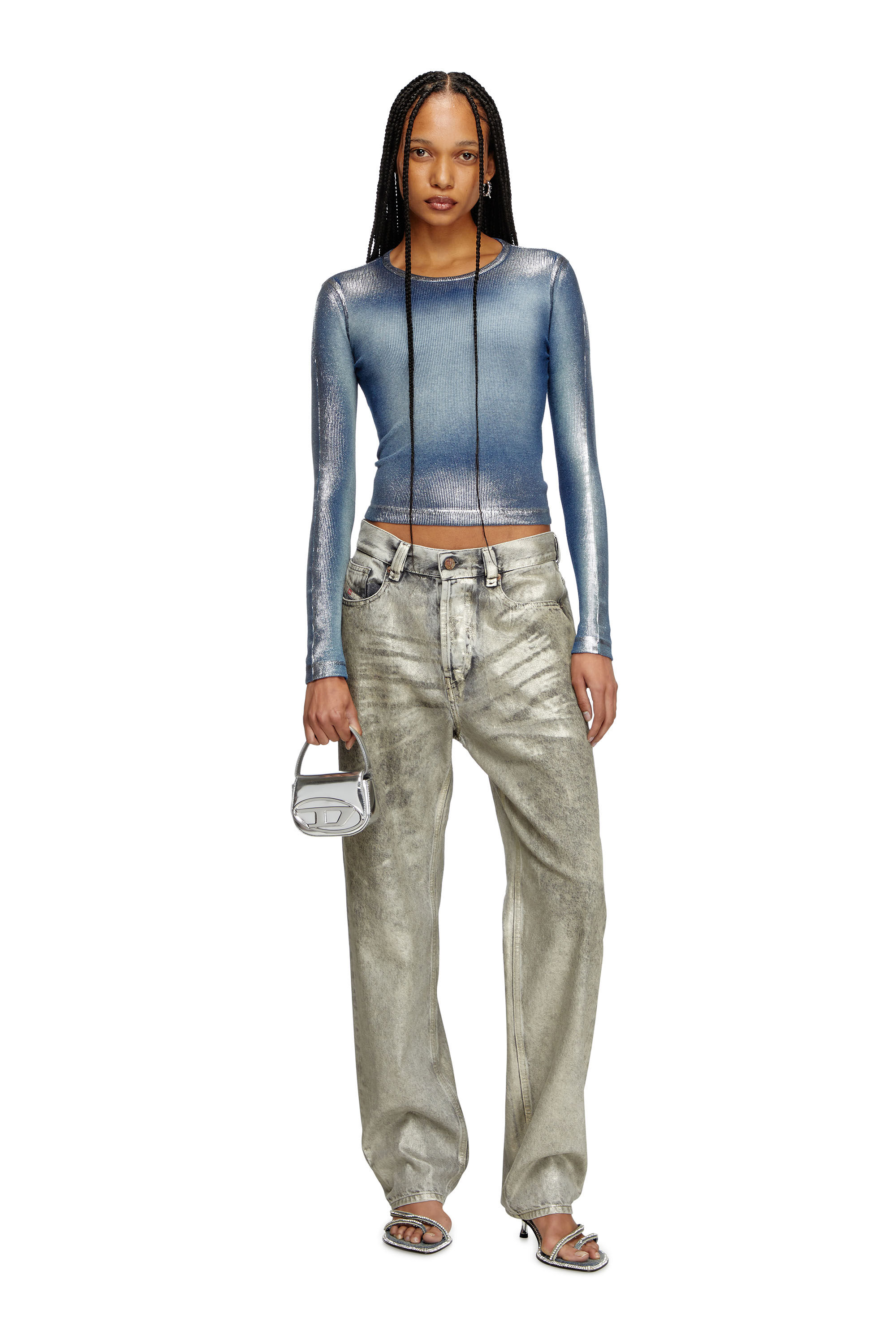 Diesel - T-BANES-NC-Q1, T-shirt métallisé délavé à manches longues Femme in Bleu - 1