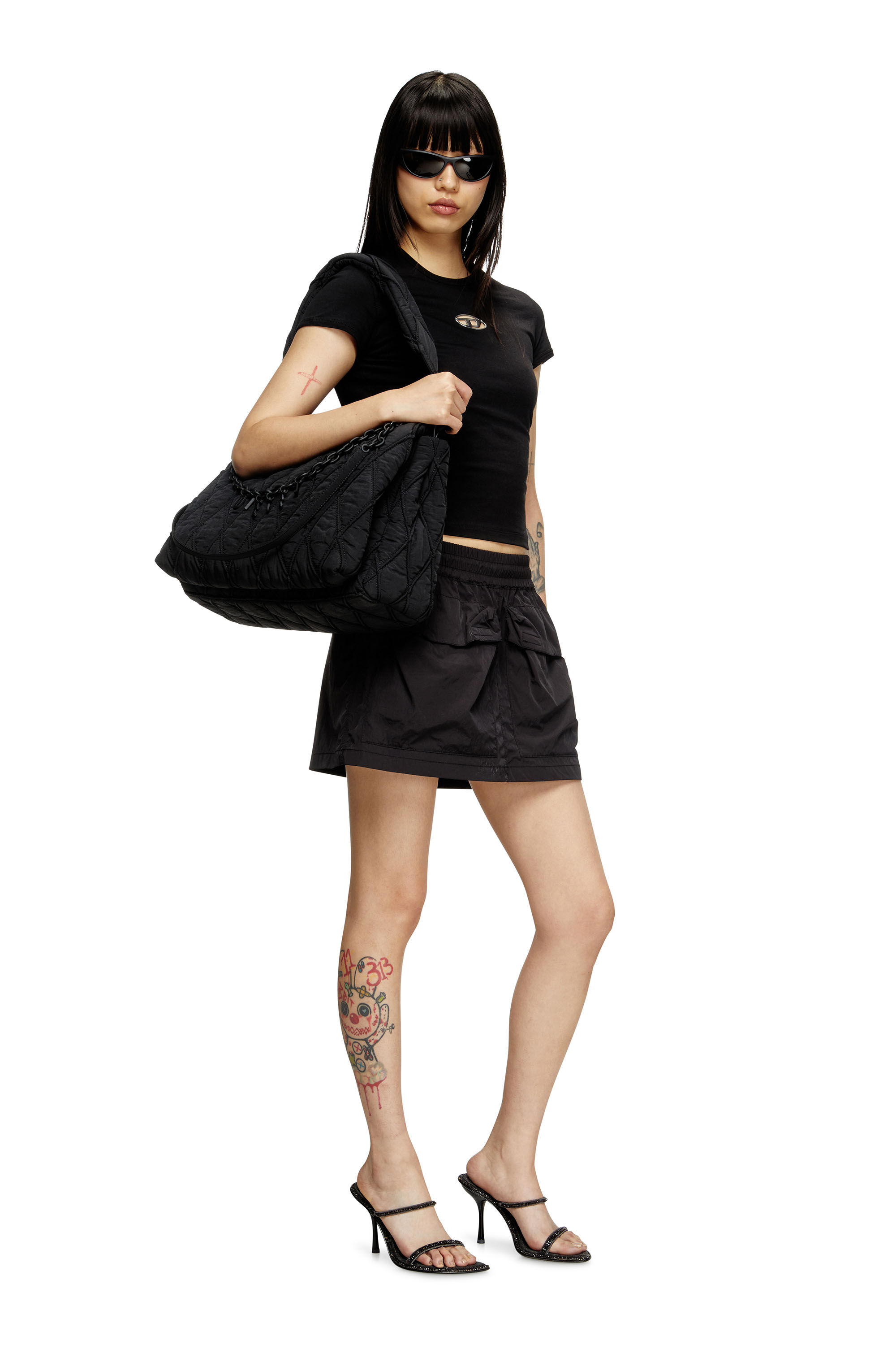 Diesel - CHARM-D SHOULDER L, Sac à bandoulière en nylon délavé matelassé Femme in Noir - 6
