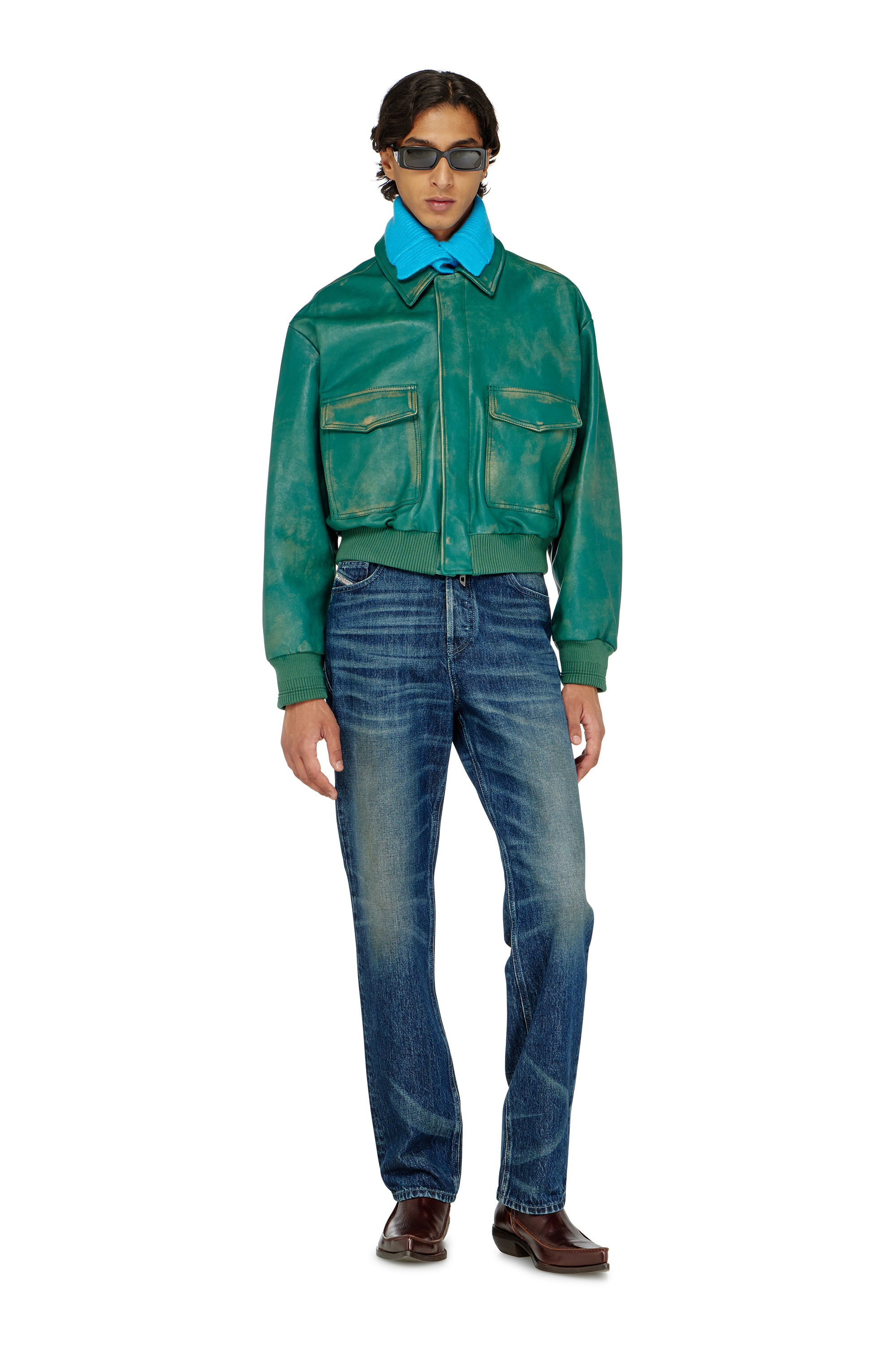 Diesel - L-UMAN, Blouson aviateur en cuir trait&eacute; Homme in Vert - 1