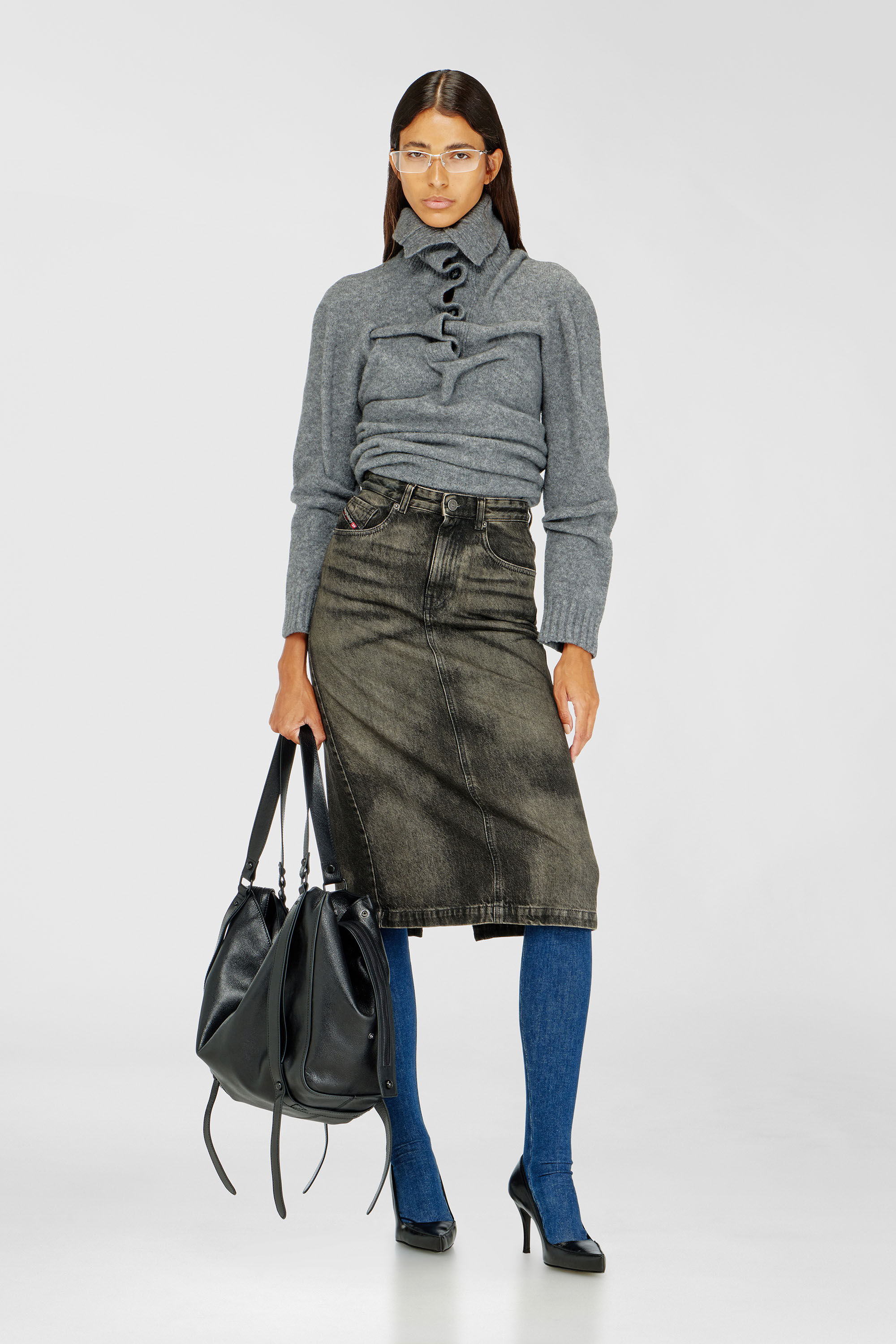Diesel - DE-PENDY-FSJ, Jupe crayon en denim effet us&eacute; Femme in Noir - 1