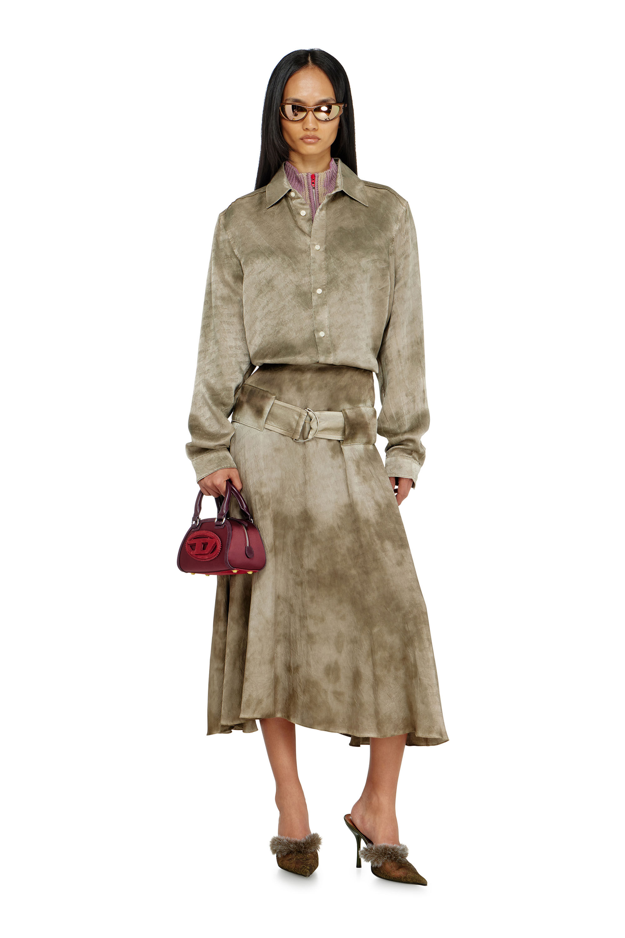 Diesel - O-DYLE, Jupe midi ceintur&eacute;e en satin jacquard logo Femme in ToBeDefined - 1
