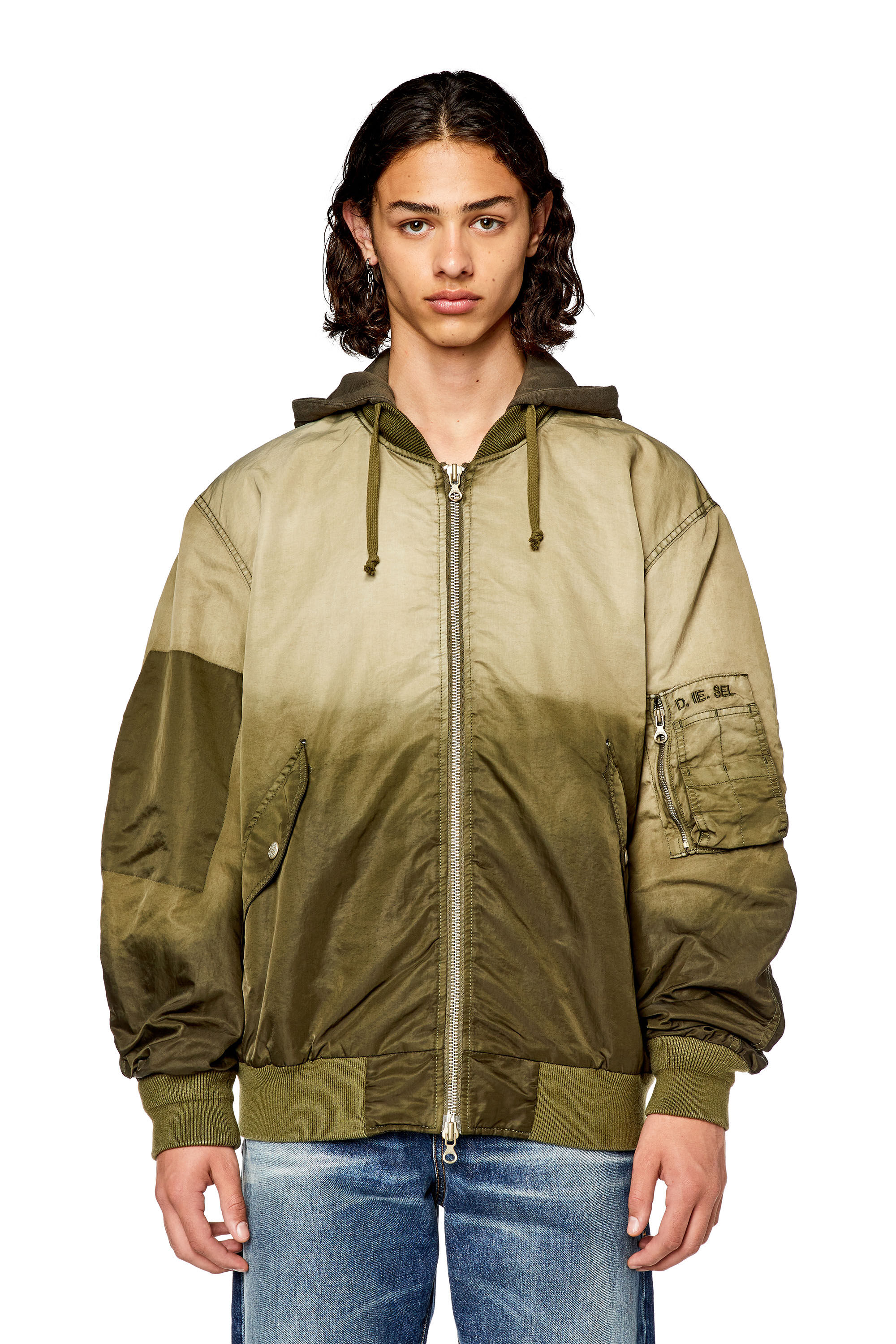 Diesel - J-COMMON, Veste bomber à capuche en satin de nylon traité Homme in Marron - 5