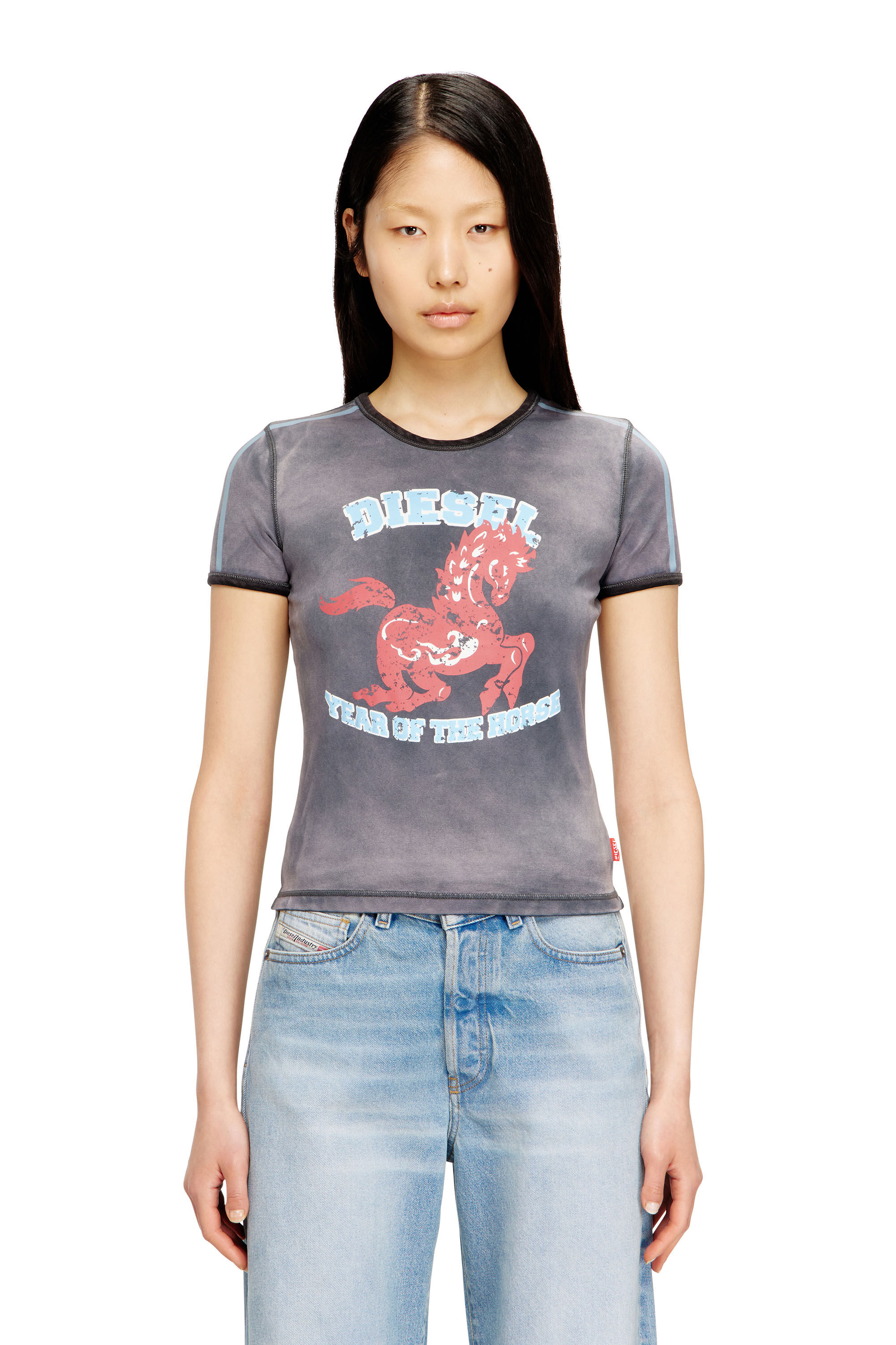 Diesel - CL-T-UNCUTIE-HORSE, T-shirt en coton stretch avec imprim&eacute; graphique cheval Femme in Noir - 3