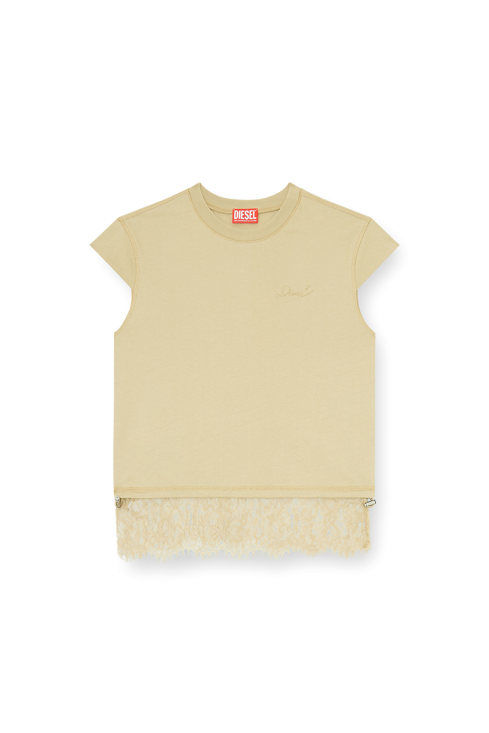 Diesel - T-LUNA, T-shirt en jersey avec ourlet en dentelle Femme in Beige - 2