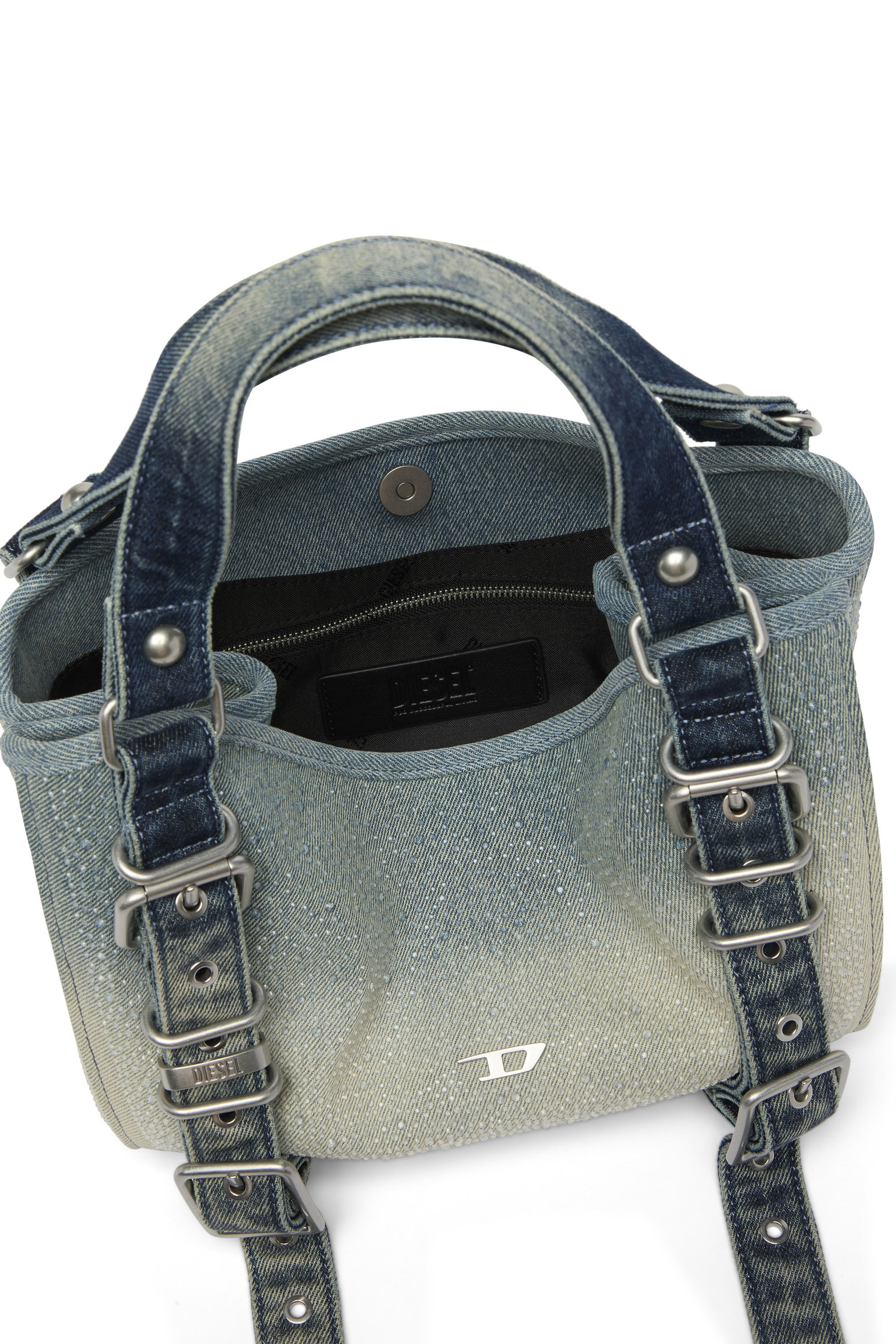 Diesel - D-ONE TOPHANDLE S, D-One-Sac small &agrave; poign&eacute;e sup&eacute;rieure en denim solaris&eacute; orn&eacute; de cristaux Femme in Bleu - 4
