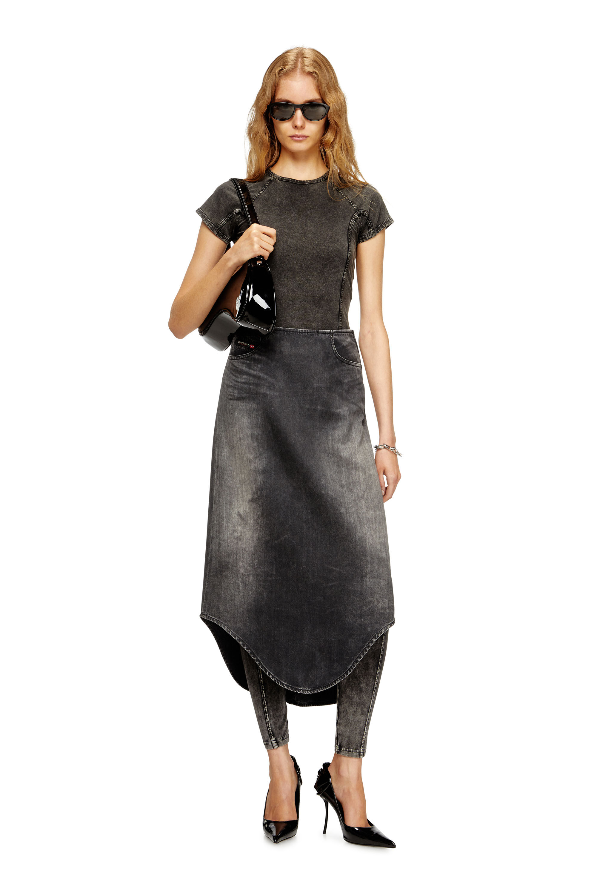 Diesel - DE-PLUMY-S, Jupe midi en jean avec effet shadow Femme in Noir - 1