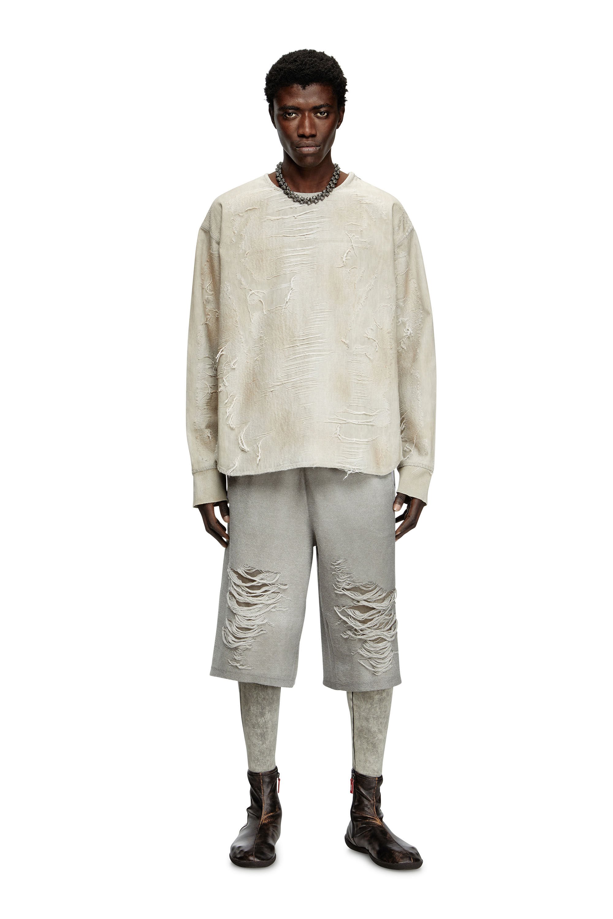 Diesel - D-JUST-FSG1, Man's Sweater in micro-distressed jacquard denim in Light Grey - 1