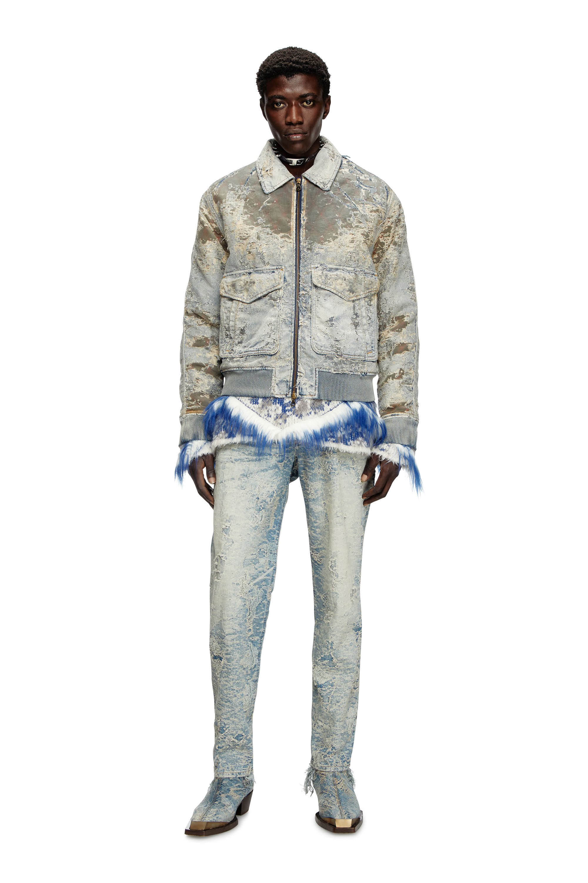 Diesel - D-MUDDY-FSF, Veste bomber en denim dévoré Homme in Bleu - 1