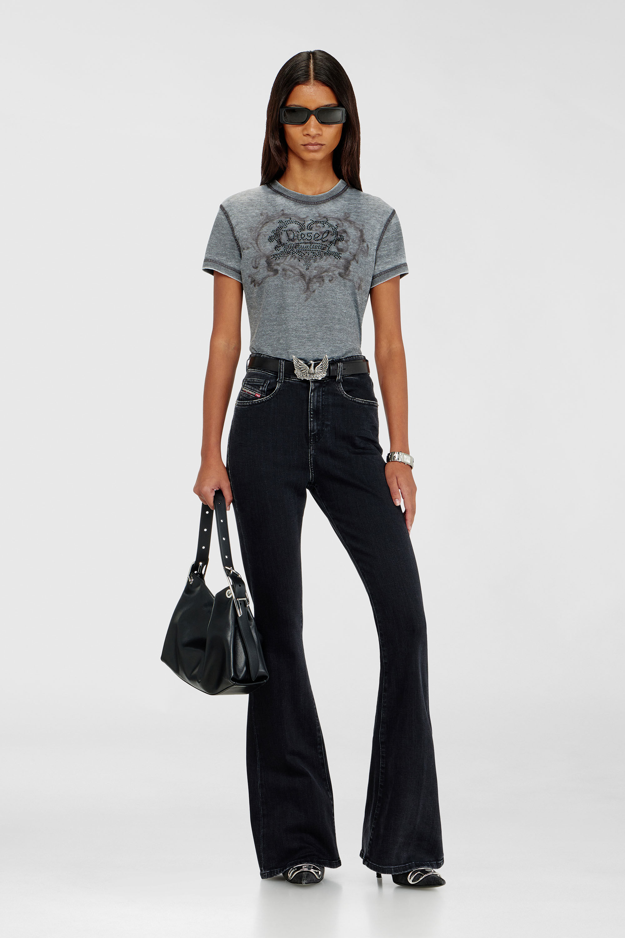 Diesel - T-ILA-AA1, T-shirt en jersey avec strass et burnout effect Femme in Gris - 1