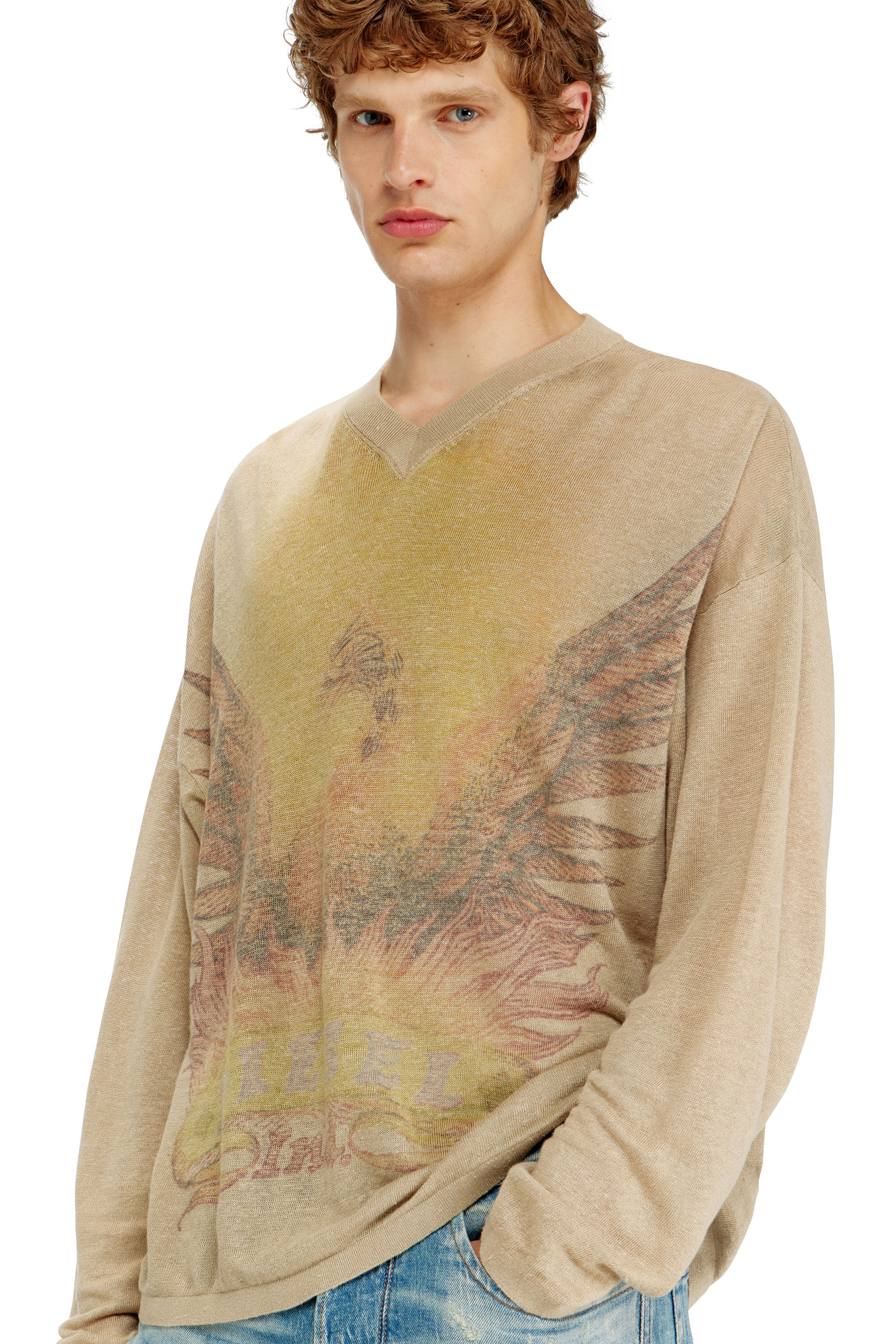 Diesel - K-ARMINS, Man's Linen jumper with faded Phoenix print in Beige - 5
