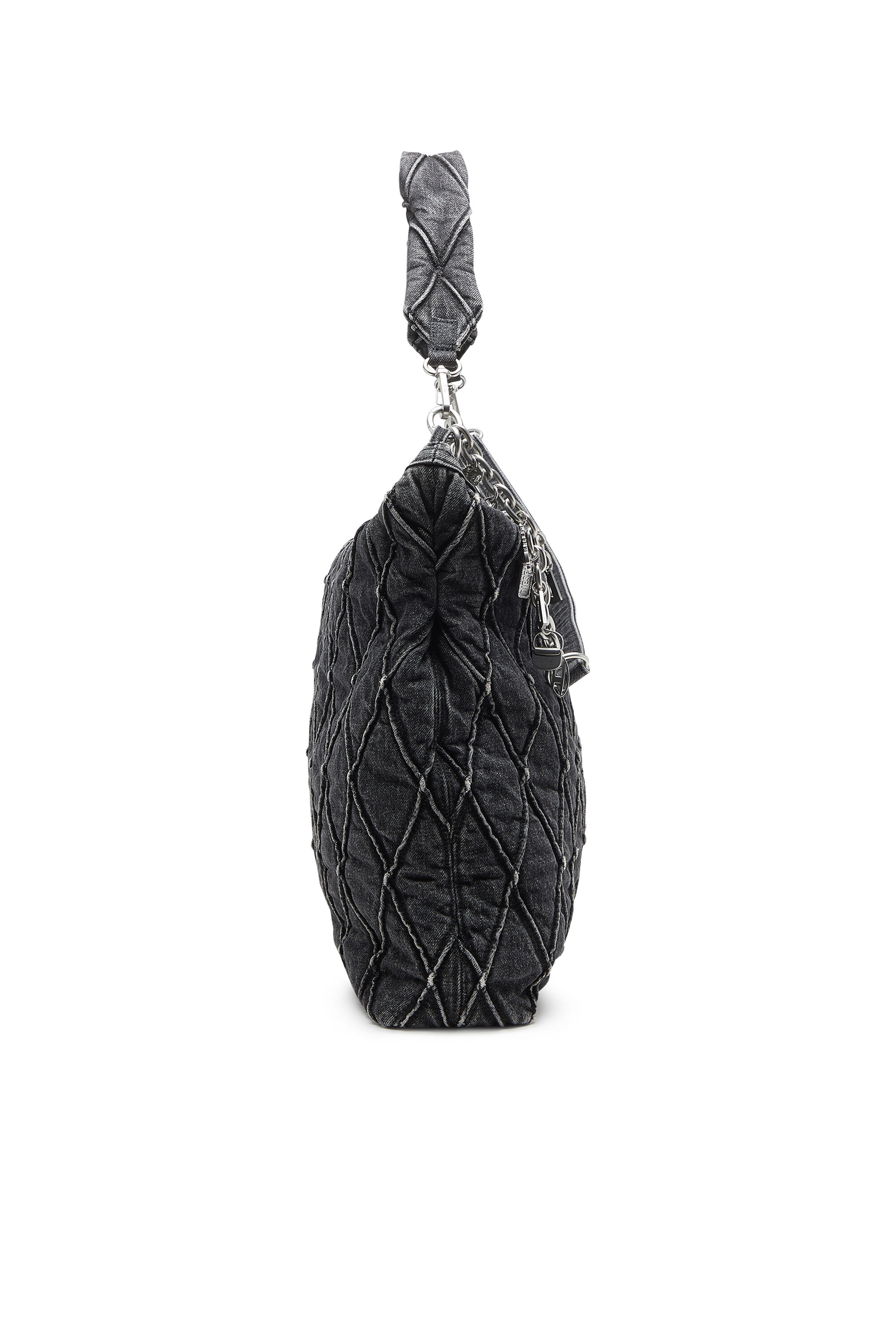 Diesel - HOSHI CHARM-D HOBO, Sac hobo en denim matelassé avec breloques sur chaîne Femme in Noir - 4