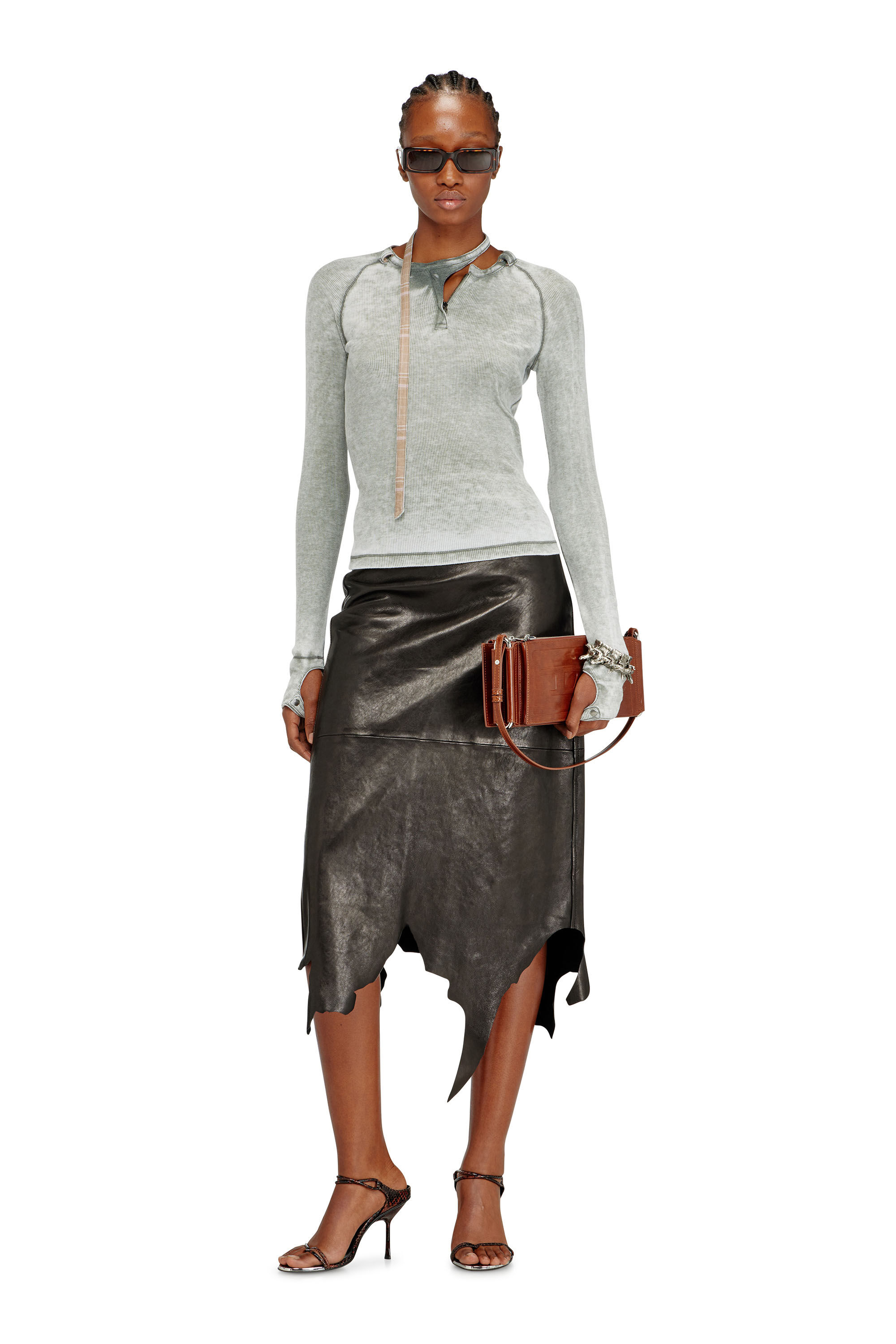 Women's Leather midi skirt with jagged hem | Black | Diesel
