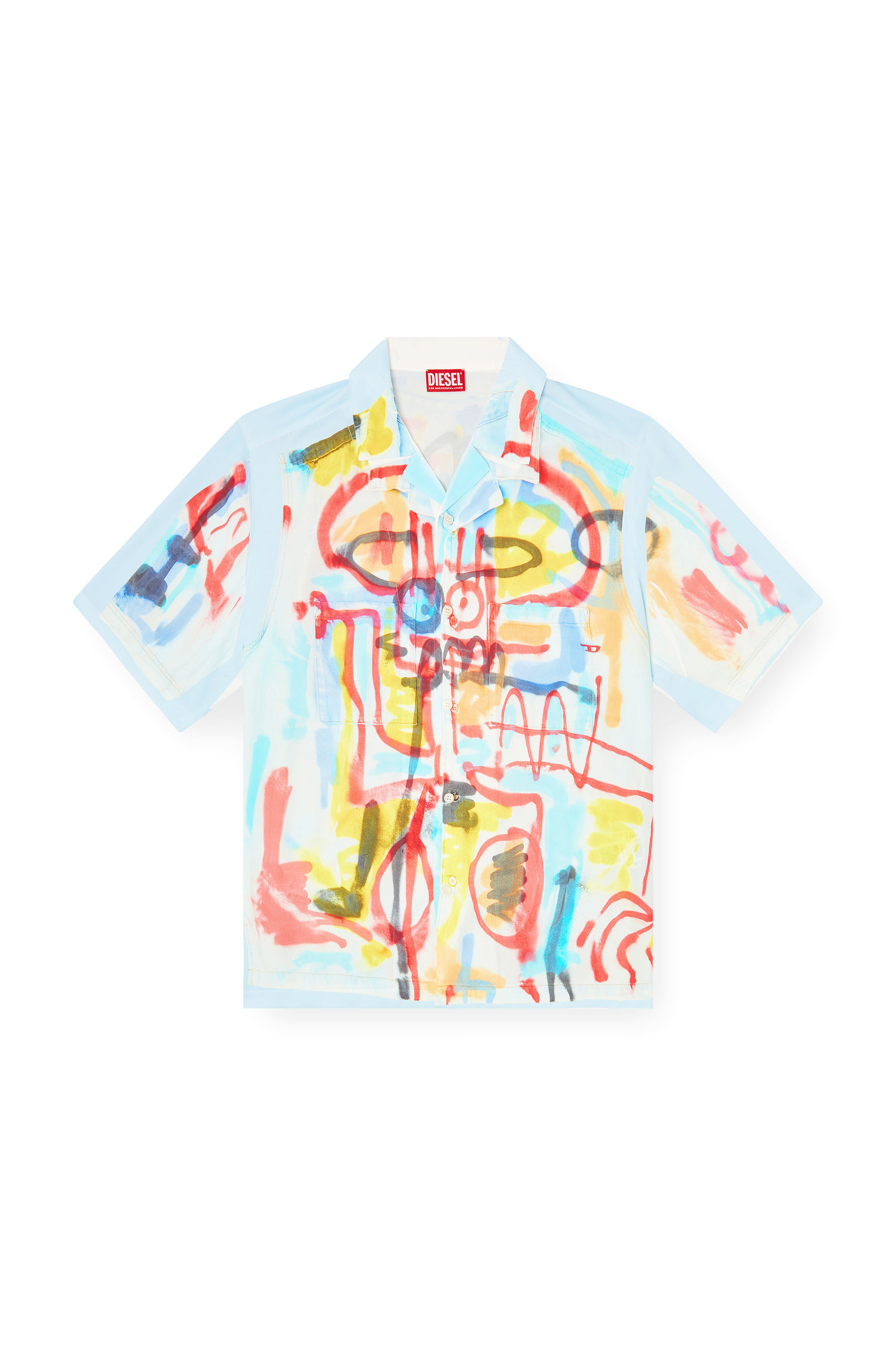 Diesel - C-PAROSHORT-GRAFFITI-AFR, Chemise bowling en satin avec imprimé graffiti Mixte in Bleu - 2