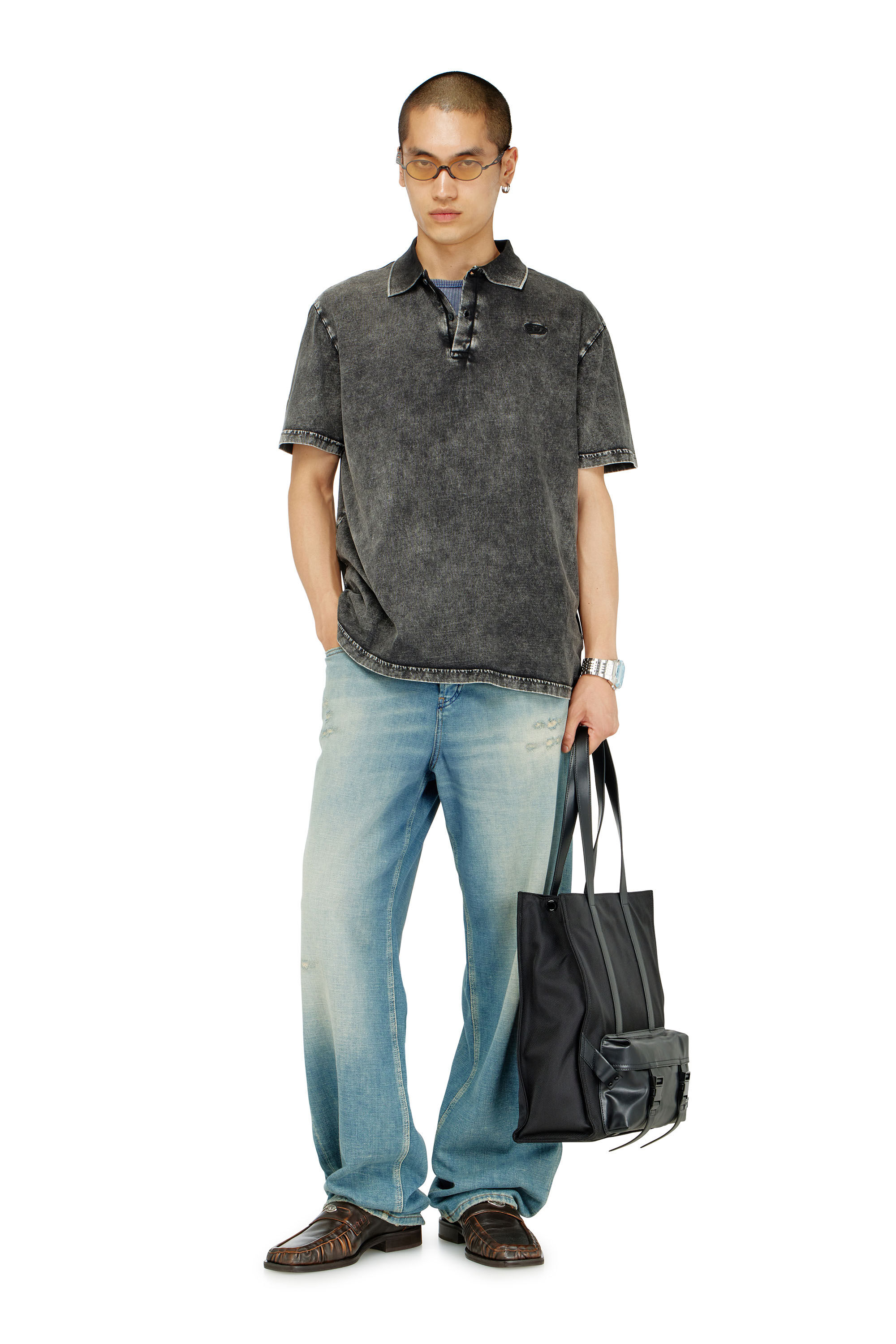 Diesel - T-REJUST-NC-DEN, Polo en jersey effet denim Homme in Gris - 1