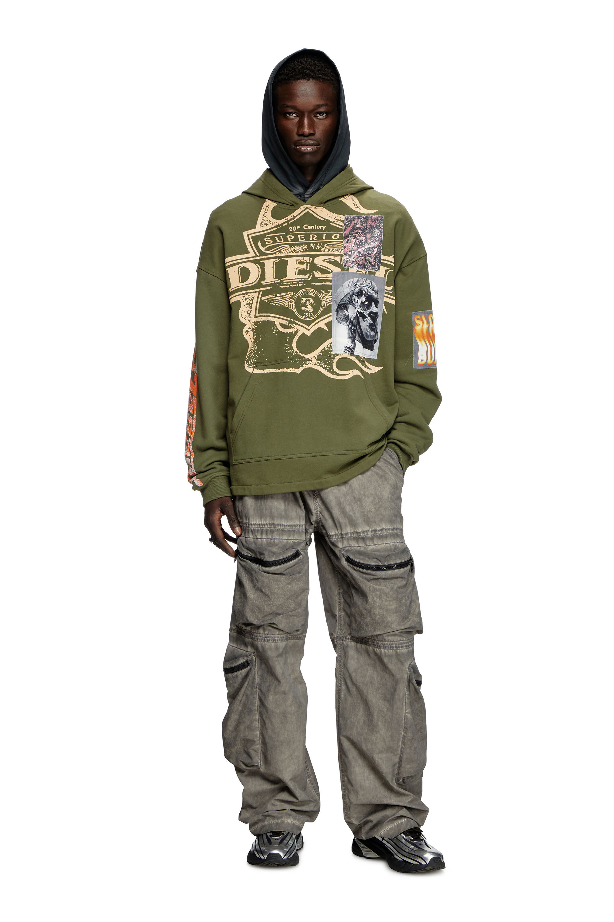 Diesel - S-BAXT-HOOD-R1, Sweat-shirt à capuche avec imprimés et empiècements à logo Homme in Vert - 1