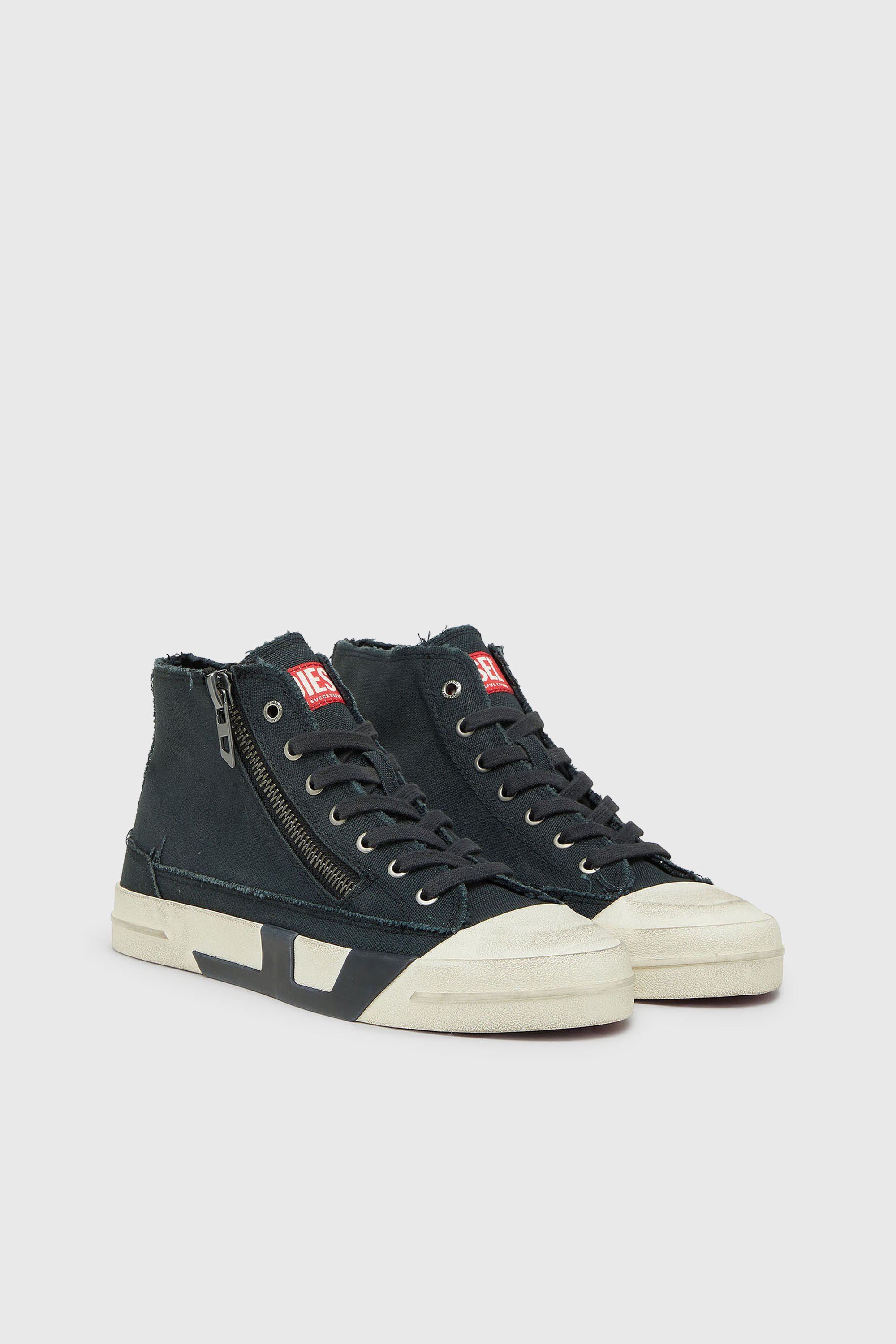 Diesel - S-D-VERSE ZIP MID II, S-D-Verse - Baskets en toile effiloch&eacute;e avec logo D Homme in Noir - 2