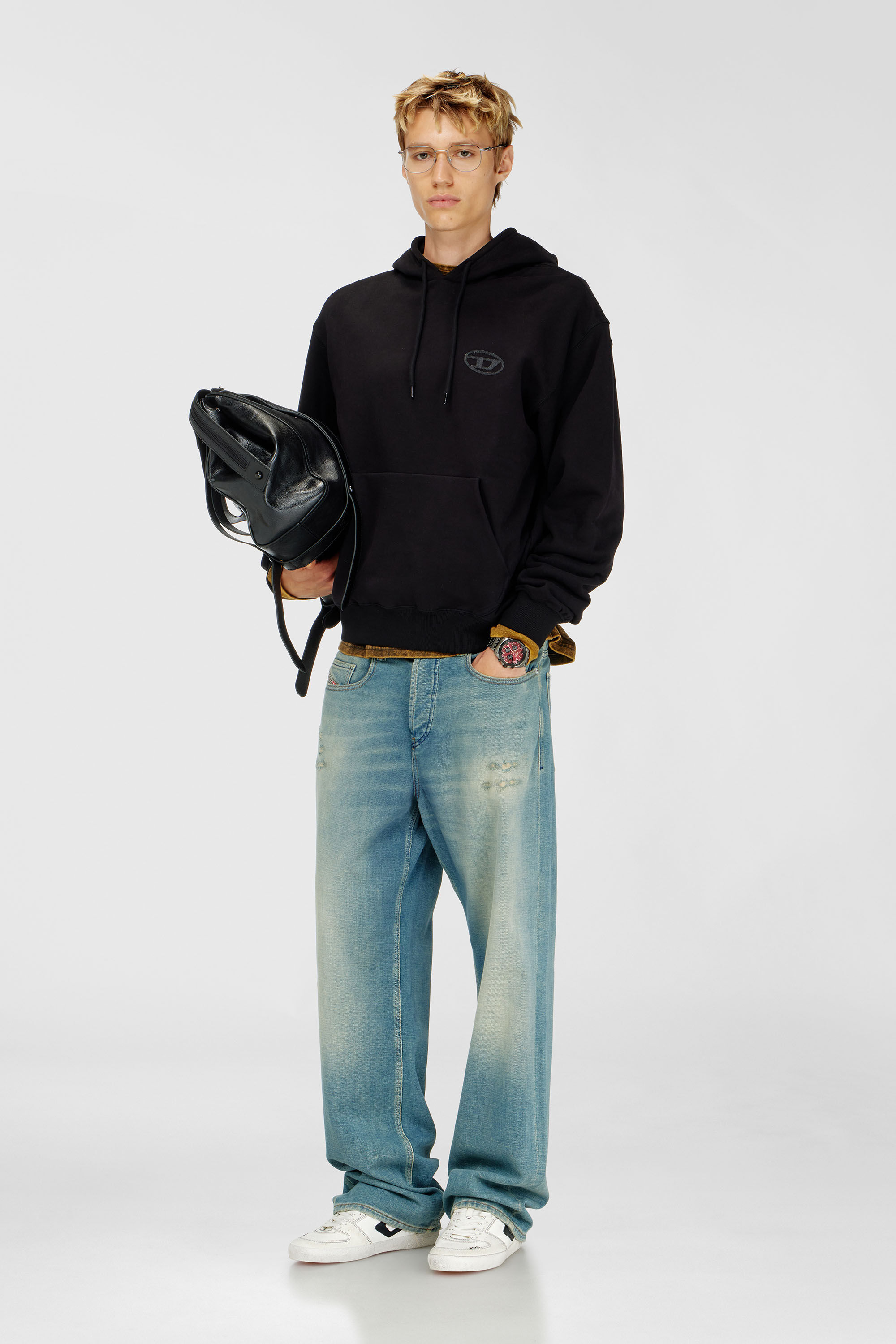 Diesel - S-LUK-H-T92, Sweat &agrave; capuche en coton avec broderie logo Oval D ton sur ton Homme in Noir - 1