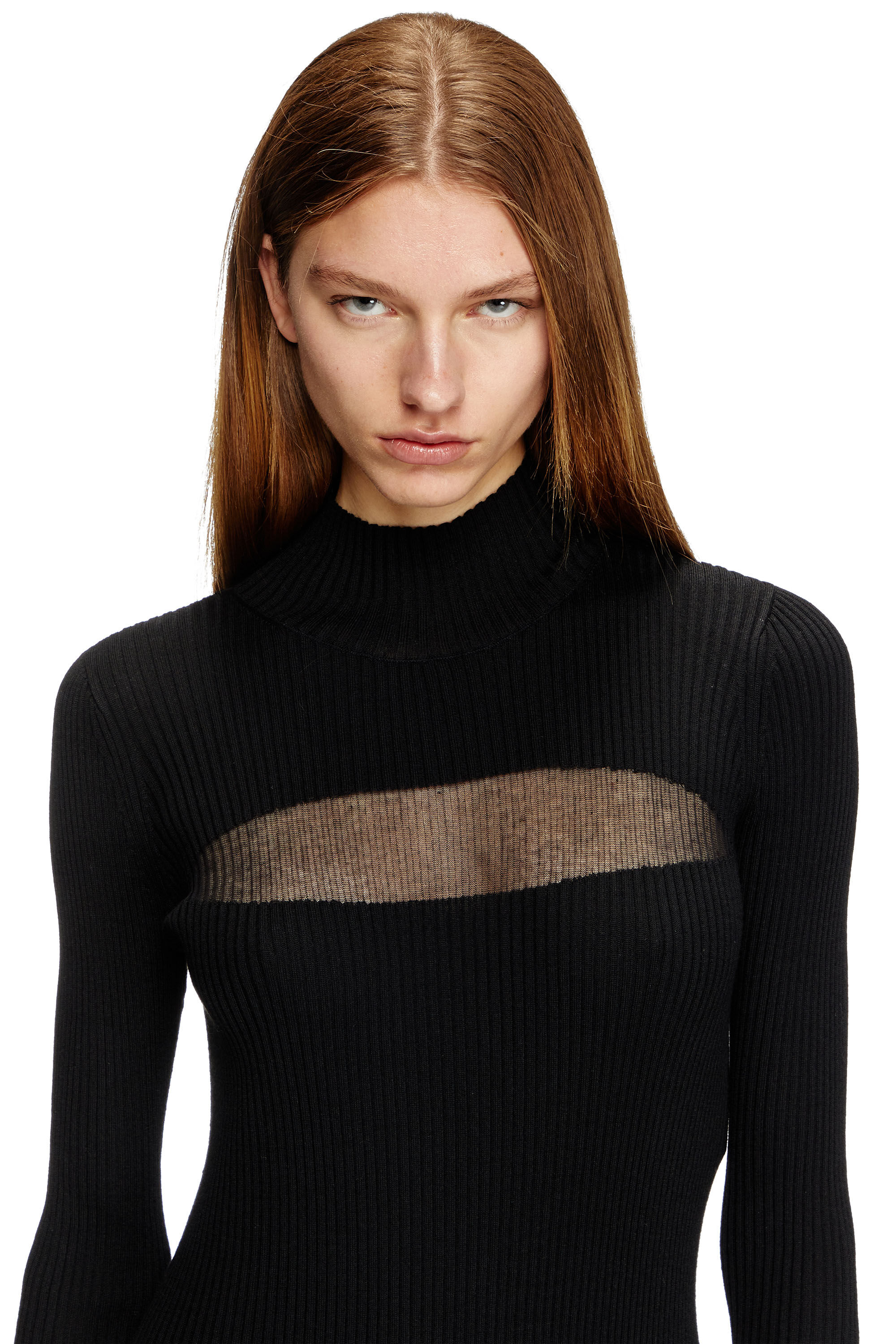 Diesel - M-SLINT, Robe midi en maille côtelée avec empiècements transparents Femme in Noir - 5