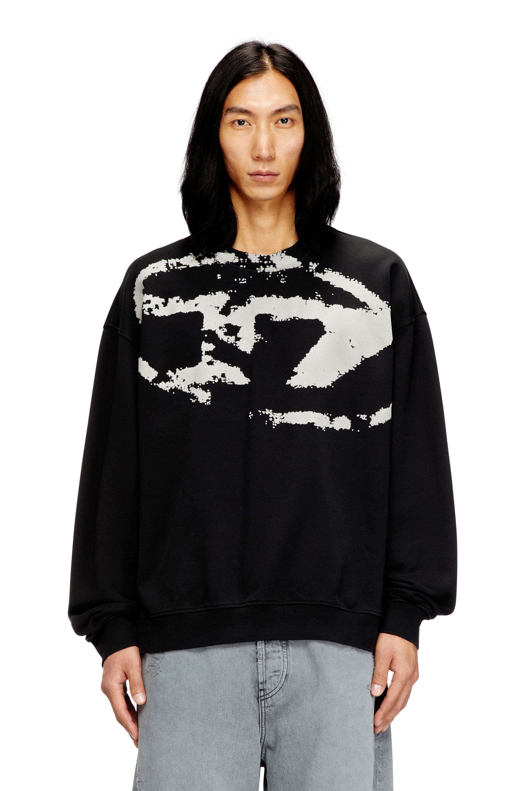 Men's Sweatshirt with distressed flocked logo | Black | Diesel BE