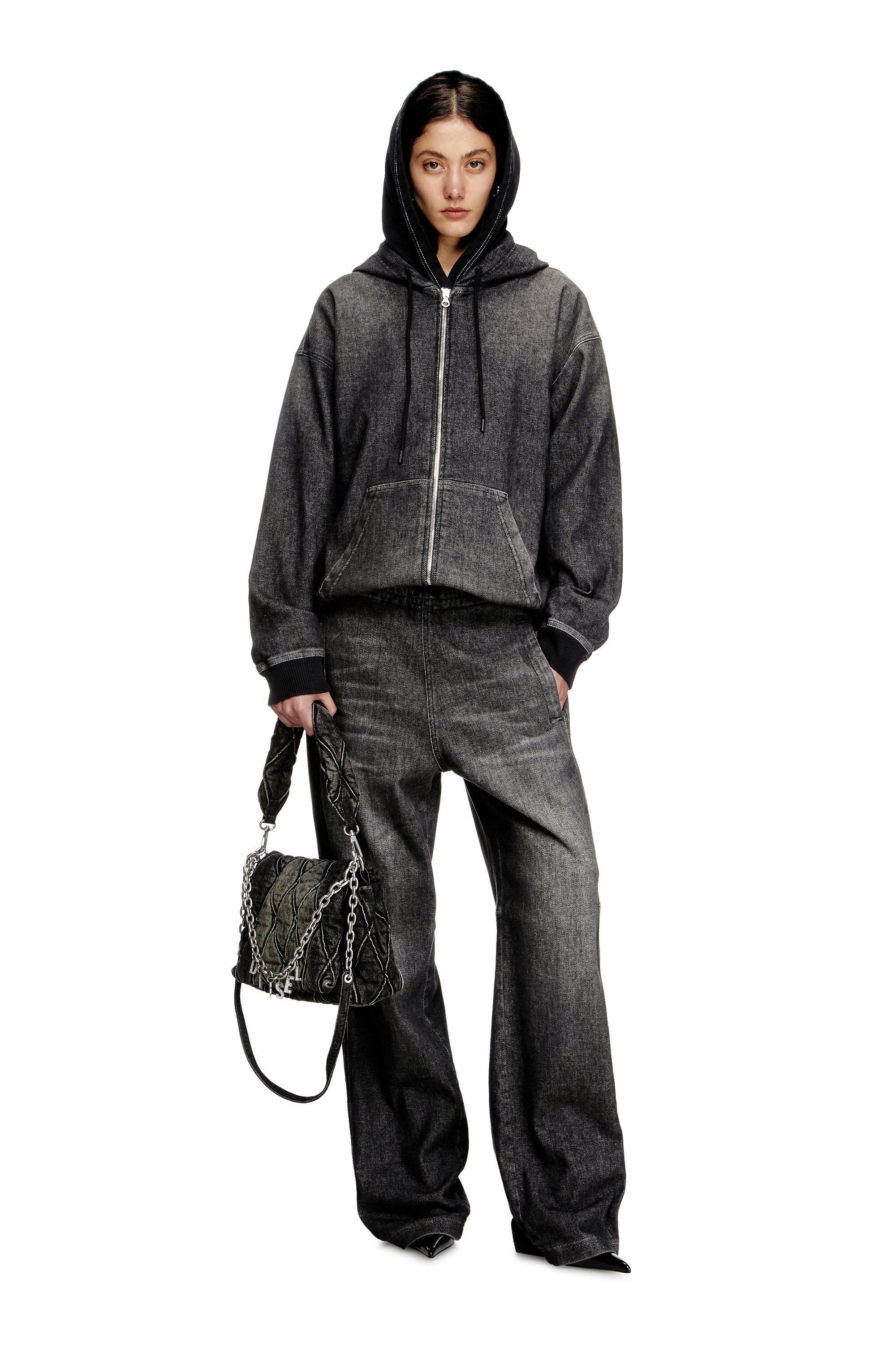 Women's Zipped hoodie in dirt-effect Track Denim | Black