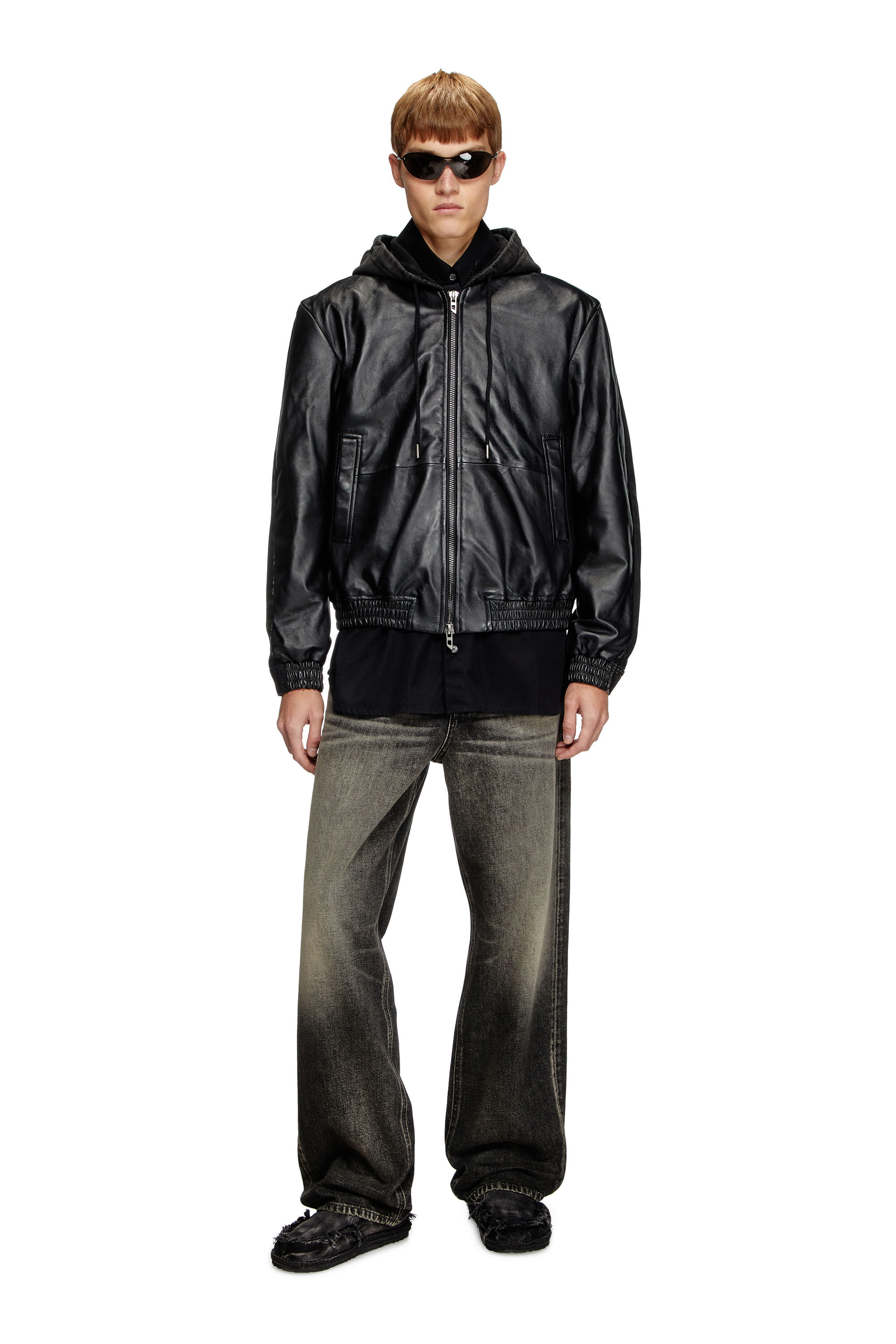 Men's Hooded jacket in leather, cotton and denim | Black